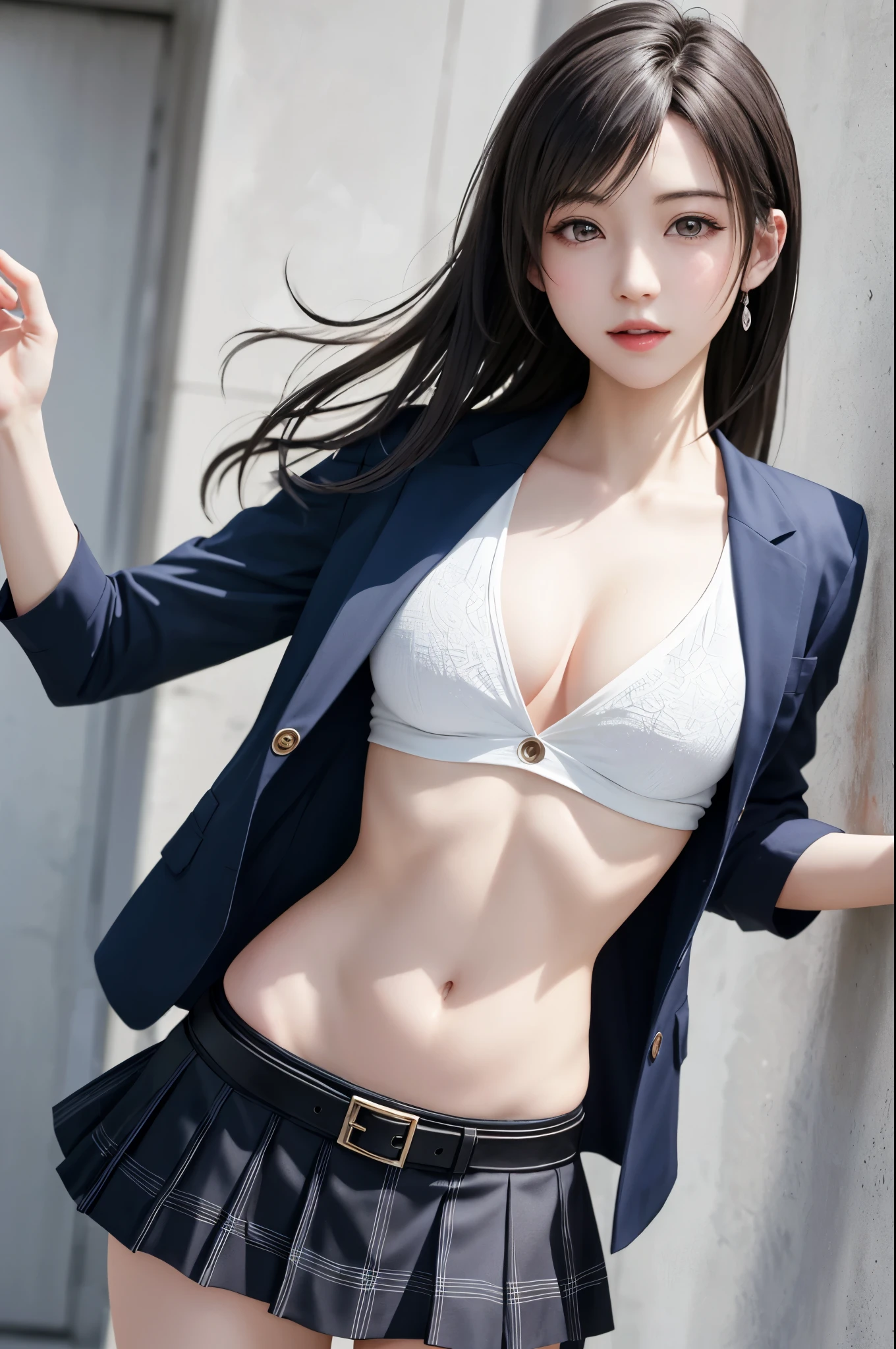 8K, Top Quality, Intricate Details, Ultra Detail, Ultra High Resolution, Masterpiece, random angle,  Slender, Smile, (Makeup: 0.4), looking at viewer, ((full body)), 1girl, solo, 19 years old girl, (( full body)), close up shot, , ((tall)), (((fit body))), (((slim face))), sharp face, sharp eyes, (((black hair,  )) , (detailed face), sharp face, small lips, 
 (( )), (( open shirt)),  detailed face, detailed breast, detail ass, Beautiful girl with accentuated slender abs: 1.4, Six Pack Abs: 1.4, Bust Botox, Big, Perfect Body, detail leg, random background, (((see the whole body)))