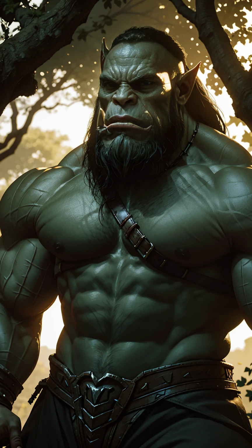 virtual_realism,upper body,(absurdres, highres, ultra detailed),tall muscular orc in a battle pose, best light and shadow, detasiled sunlight, dappled sunlight, day, depth of field, plants, summer, closed mouth