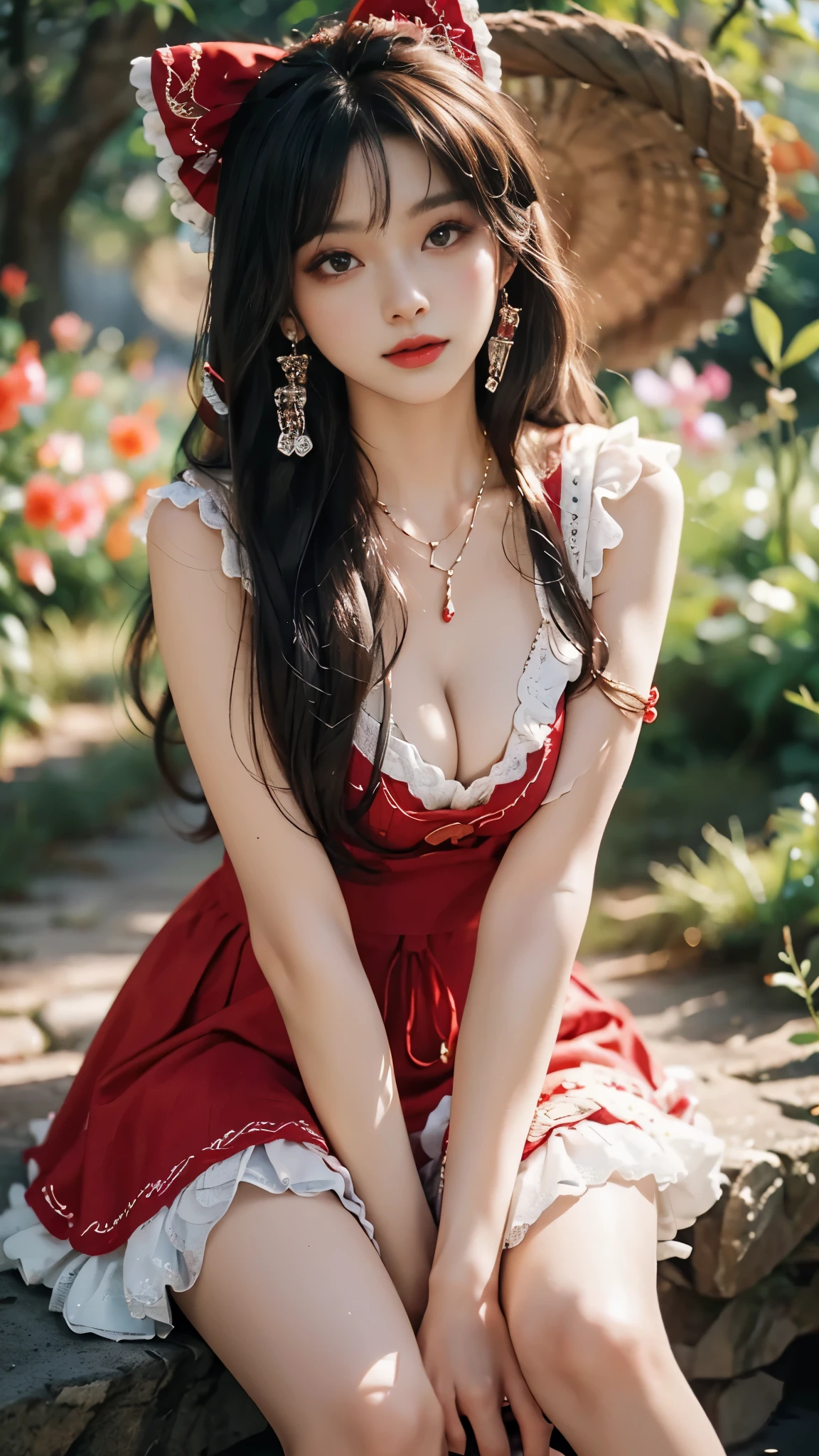  ((full body)), yushuxin,1girl,solo, makeup, (close-up shot, sitting pose, elegant posture, enticing pose, perfect curves, slim, sexy, big breasts, cleavage, beautiful legs, mesmerizing gaze, biting lips, messy long hair, outdoor, simple casual scene, random shooting angle, extremely detailed, ultra-clear, best quality, official art, exquisite earrings, delicate necklace, extremely detailed description, super fine painting, exquisite features)