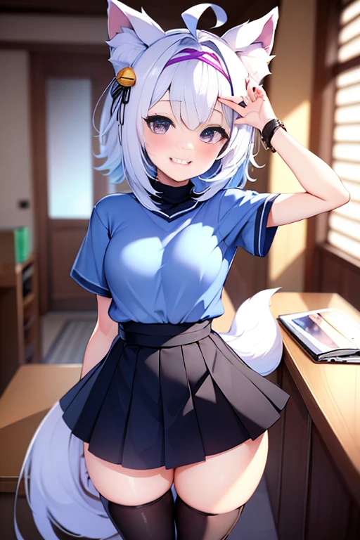 ((masterpiece, best quality, absurdres)), colorful, indoors, day, 1girl, solo, ((filian)), purple eyes, white hair, short hair, ahoge, animal ears, hair bell, hairband, tail, looking at viewer, upper body, grin, small breasts, wide hips, slim legs, ((purple sweater)), ((black skirt)), ((sfw))
