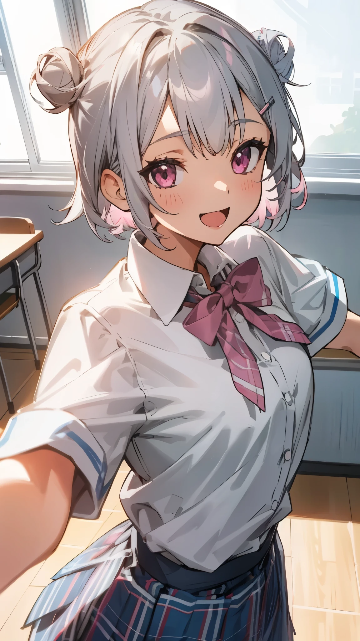 Short silver hair and bob hair、hair tied in a bun with a hair clip、pink eyes、White blouse shirt、Tartan checked skirt、Upper body、From above、sight、smile、open your mouth wide、After-school classroom