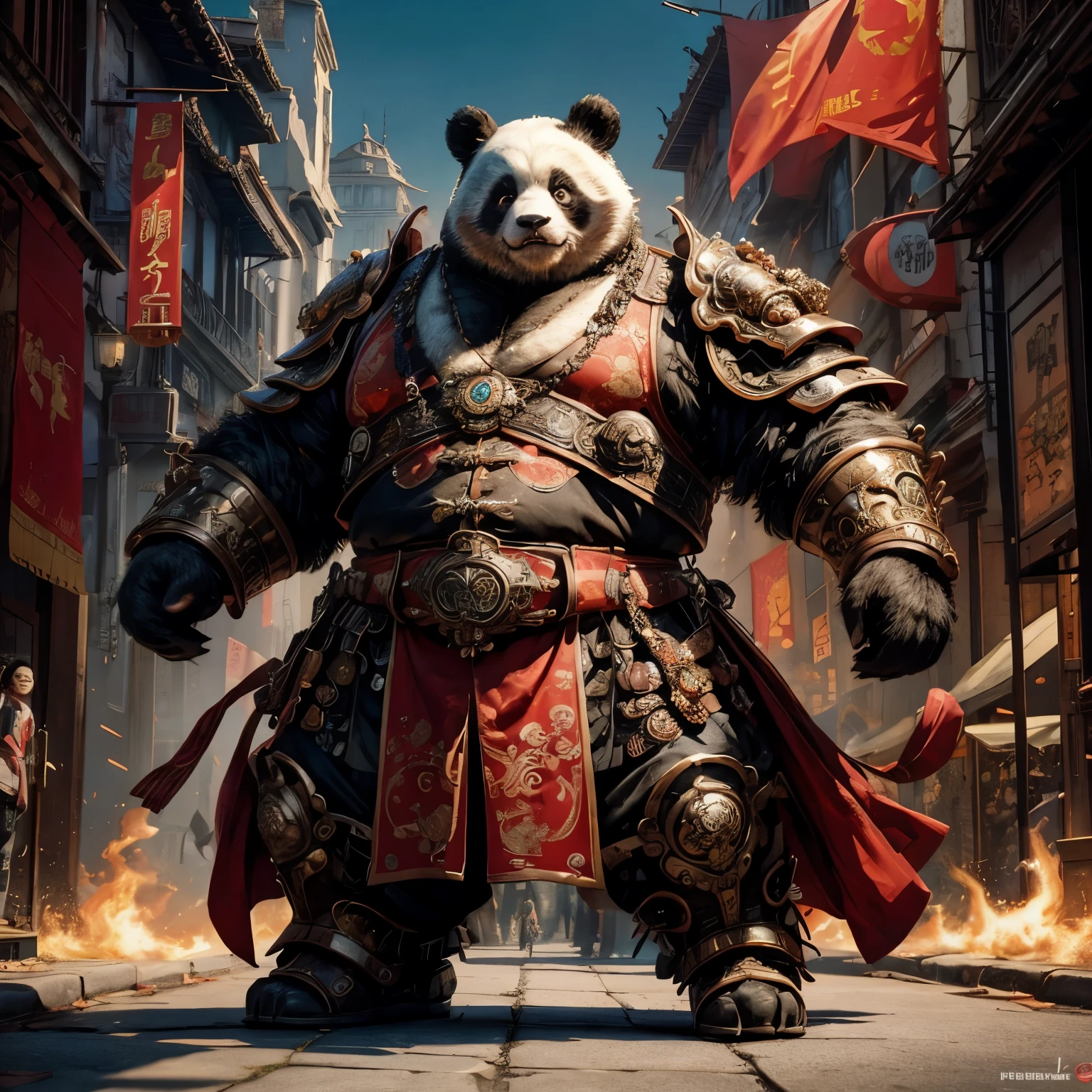 Super fat humanoid panda, dressed in intricate steampunk armor, predominantly red, chinese aesthetic, standing in a chinese city, ornate gears and extravagant chinese accessories, bear with an imposing posture, explore the technological aesthetics of steampunk, surrealist style, highly detailed, 8k