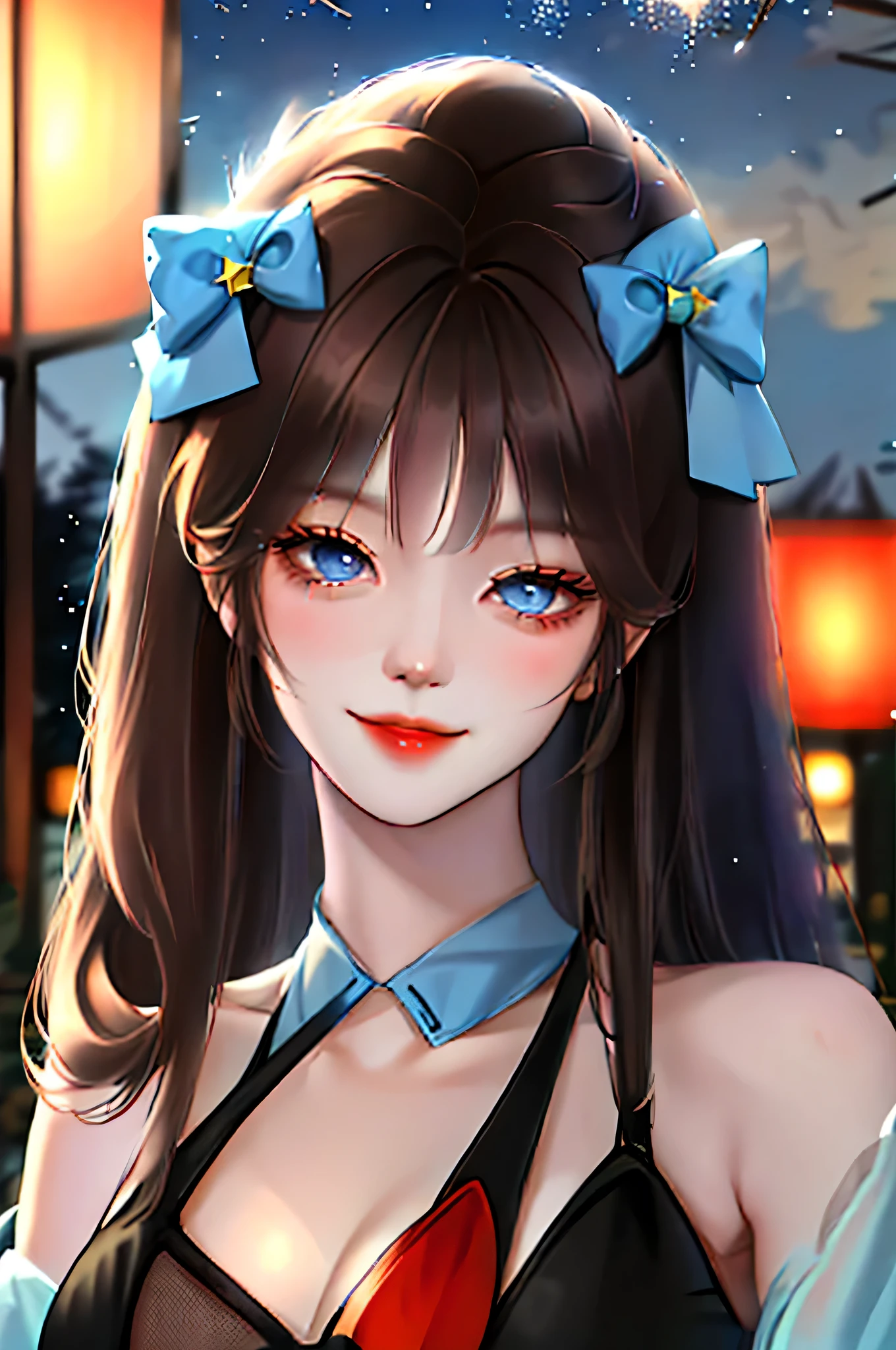 huge breasts:1.6，perfect asian，White skin,Perfect facial proportions, The skin is really moisturized，close up, Show cleavage, wear( black micro bikini)，(extremely delicate and beautiful:1.2),1 girl,Robbery girls, Bangs, blue eyes, vague, vague background, bow, brown hair, close your mouth, from the side, hair between eyes, hair bow, lantern, light particles, long sleeves, looking at the audience, medium hair, night, red bow, alone, Star \(symbol\), Upper body,Smile,red lips