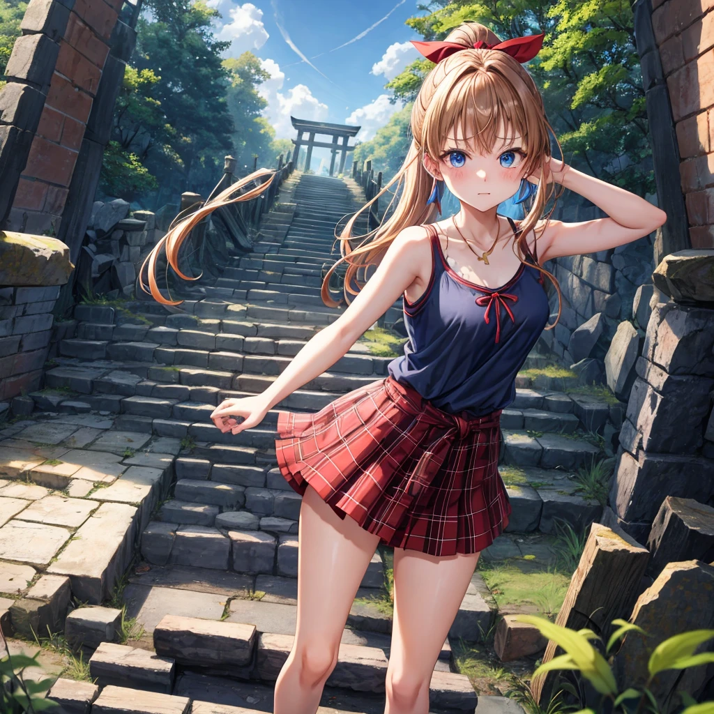 reddish-brown blonde、blue hair、blue eyes、ponytail、one good looking girl、solo、anime、Plaid miniskirt、camisole、black t-shirt、Clothes are torn、Tilting your face、Doing the ribbon、Ribbon at waist、sunset sky、broken stone steps、ruins、tunnel、Fallen leaves、Light and shadow、Raising legs、column、sparks fall、forest、tall grass grows、cloak、the ground is cracked、Shortness of breath、Meteor