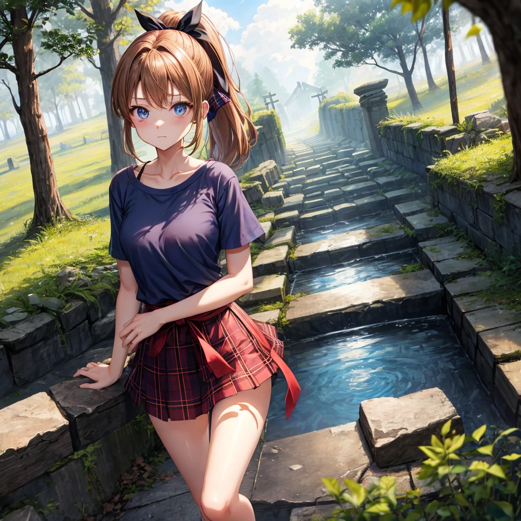 reddish-brown blonde、blue hair、blue eyes、ponytail、one good looking girl、solo、anime、Plaid miniskirt、camisole、black t-shirt、Clothes are torn、Tilting your face、Doing the ribbon、Ribbon at waist、sunset sky、broken stone steps、ruins、tunnel、Fallen leaves、Light and shadow、Raising legs、column、sparks fall、forest、tall grass grows、cloak、the ground is cracked、Shortness of breath、Meteor