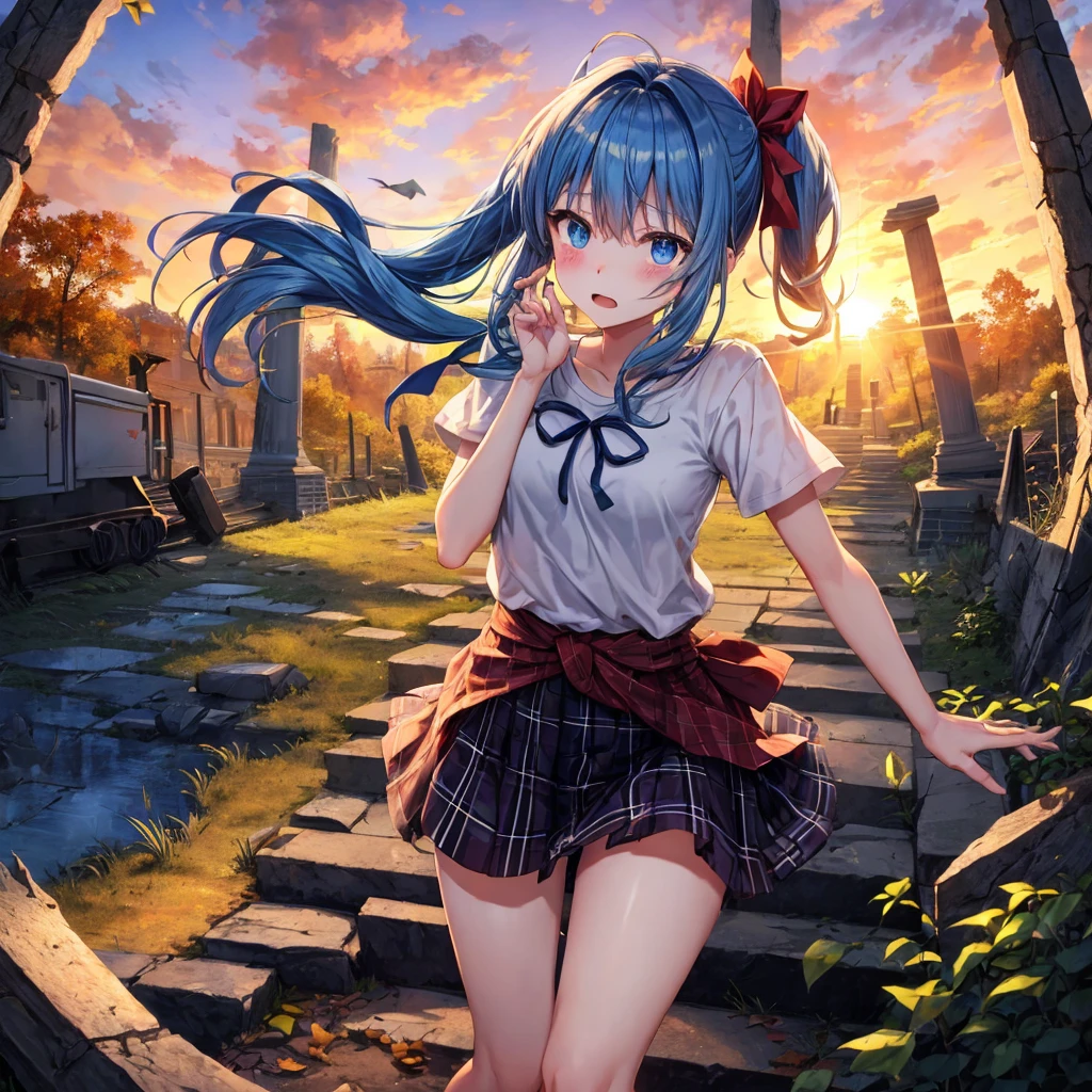 reddish-brown blonde、blue hair、blue eyes、ponytail、one good looking girl、solo、anime、Plaid miniskirt、camisole、black t-shirt、Clothes are torn、Tilting your face、Doing the ribbon、Ribbon at waist、sunset sky、broken stone steps、ruins、tunnel、Fallen leaves、Light and shadow、Raising legs、column、sparks fall、forest、tall grass grows、cloak、the ground is cracked、Shortness of breath、Meteor