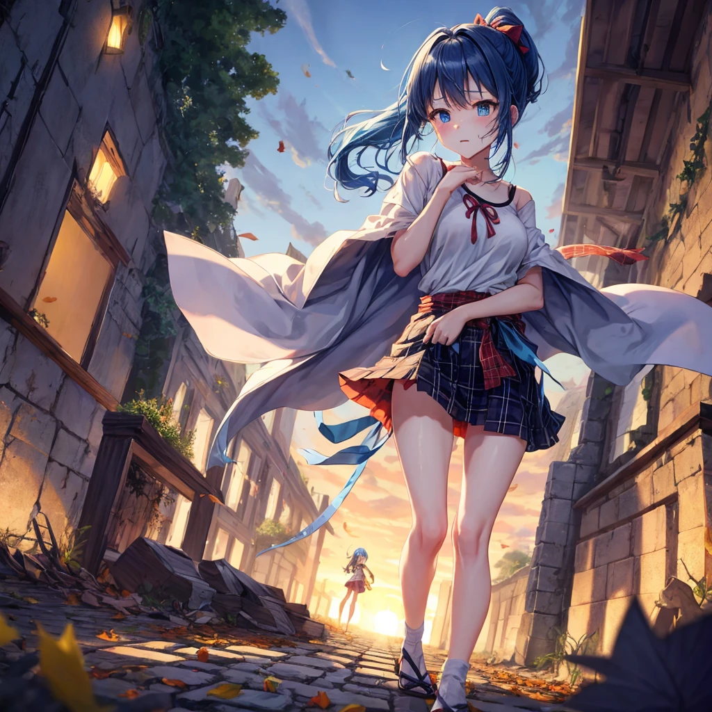reddish-brown blonde、blue hair、blue eyes、ponytail、one good looking girl、solo、anime、Plaid miniskirt、camisole、black t-shirt、Clothes are torn、Tilting your face、Doing the ribbon、Ribbon at waist、sunset sky、broken stone steps、ruins、tunnel、Fallen leaves、Light and shadow、Raising legs、column、sparks fall、forest、tall grass grows、cloak、the ground is cracked、Shortness of breath、Meteor