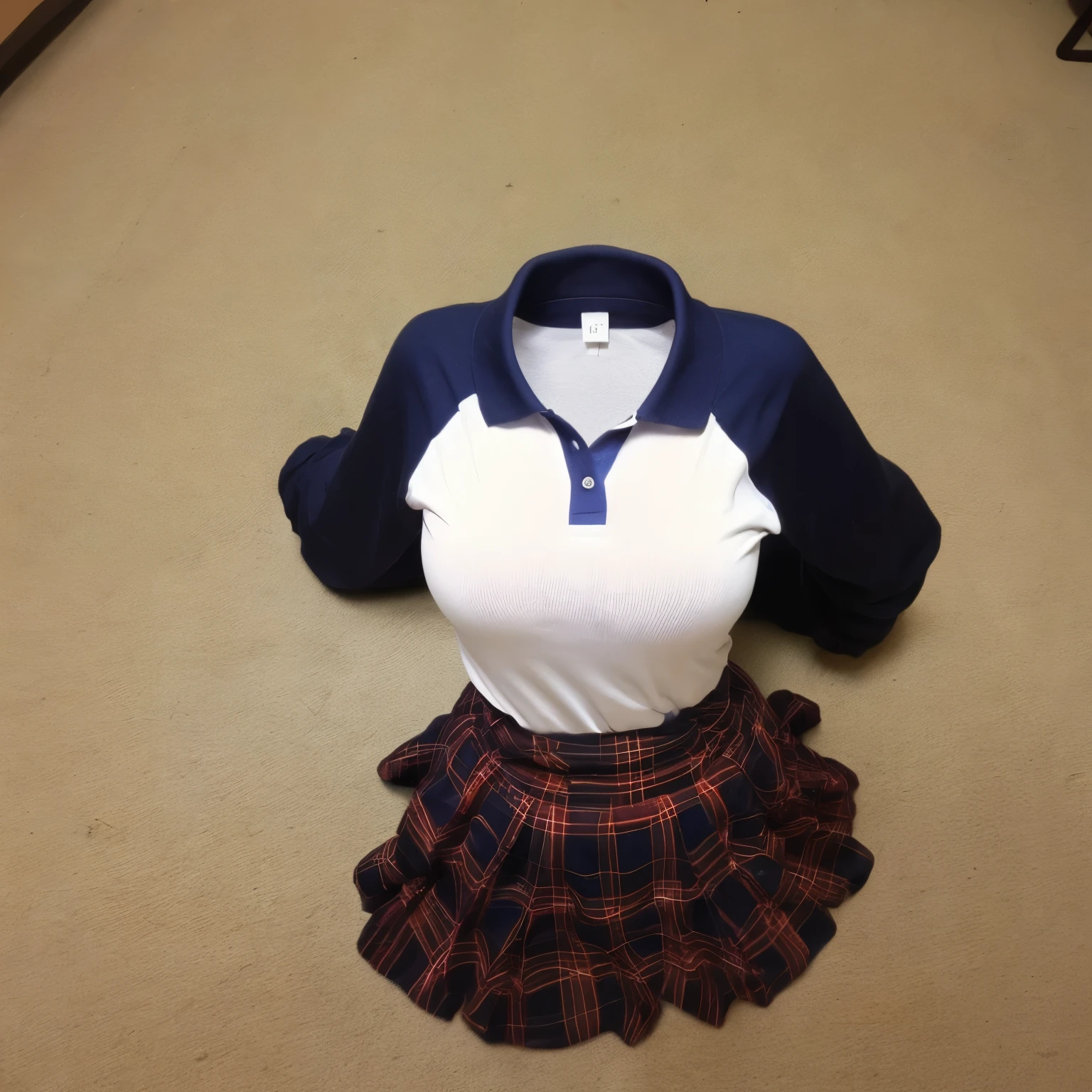school polo shirt on floor, plaid school skirt, (invisible, no humans, headless, faceless:1.5), cute big breasts