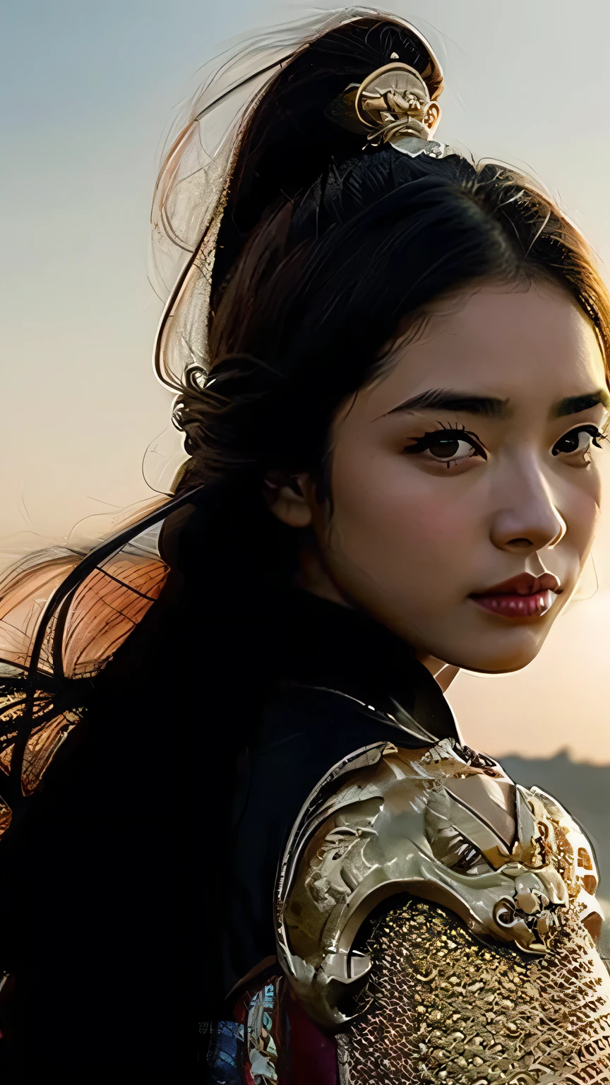 (high detail face), (Pure Eros Face), ((Body Portrait)), pores, real skin, flying hair, (black hair), Ancient headdress, hairpin, clear eyes, shining eyes, beautiful scene, Shadow, Backlight, Cinematic perfect light with soft natural volume, film grain, Zukzia, chinese armor, sword, Architecture of China, grassland, wood, close-up portrait, sexy, masterpiece, 最high quality, high quality, High resolution