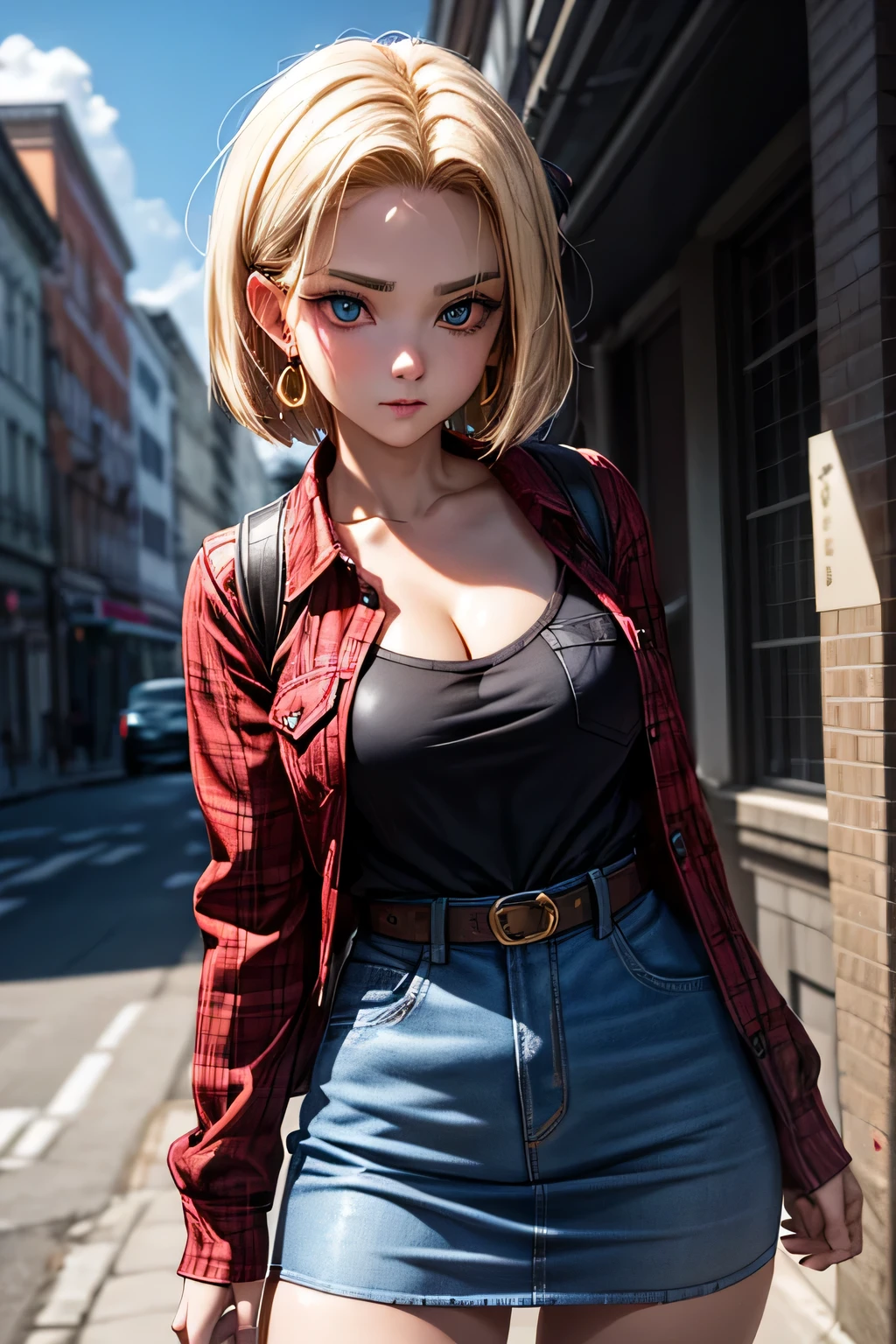 android 18, android 18, blonde hair, blue eyes, eyelash, hoop earrings, short hair, earrings, break belt, black legwear, black shirt, breast pocket, cleavage, clavicle, denim, denim skirt, high-waist skirt, jewelry, long sleeve, pocket, shirt, shirt tucked in, skirt, striped, striped sleeves, waistcoat,, break outdoors, city, null, cloud, sun, break looking at viewer, (cowboy shot:1.5), break (masterpiece:1.2), highest quality, High resolution, unity 8k wallpaper, (shape:0.8), (beautiful and detailed eyes:1.6), highly detailed face, perfect lighting, Very detailed CG, (perfect hands, perfect anatomy)