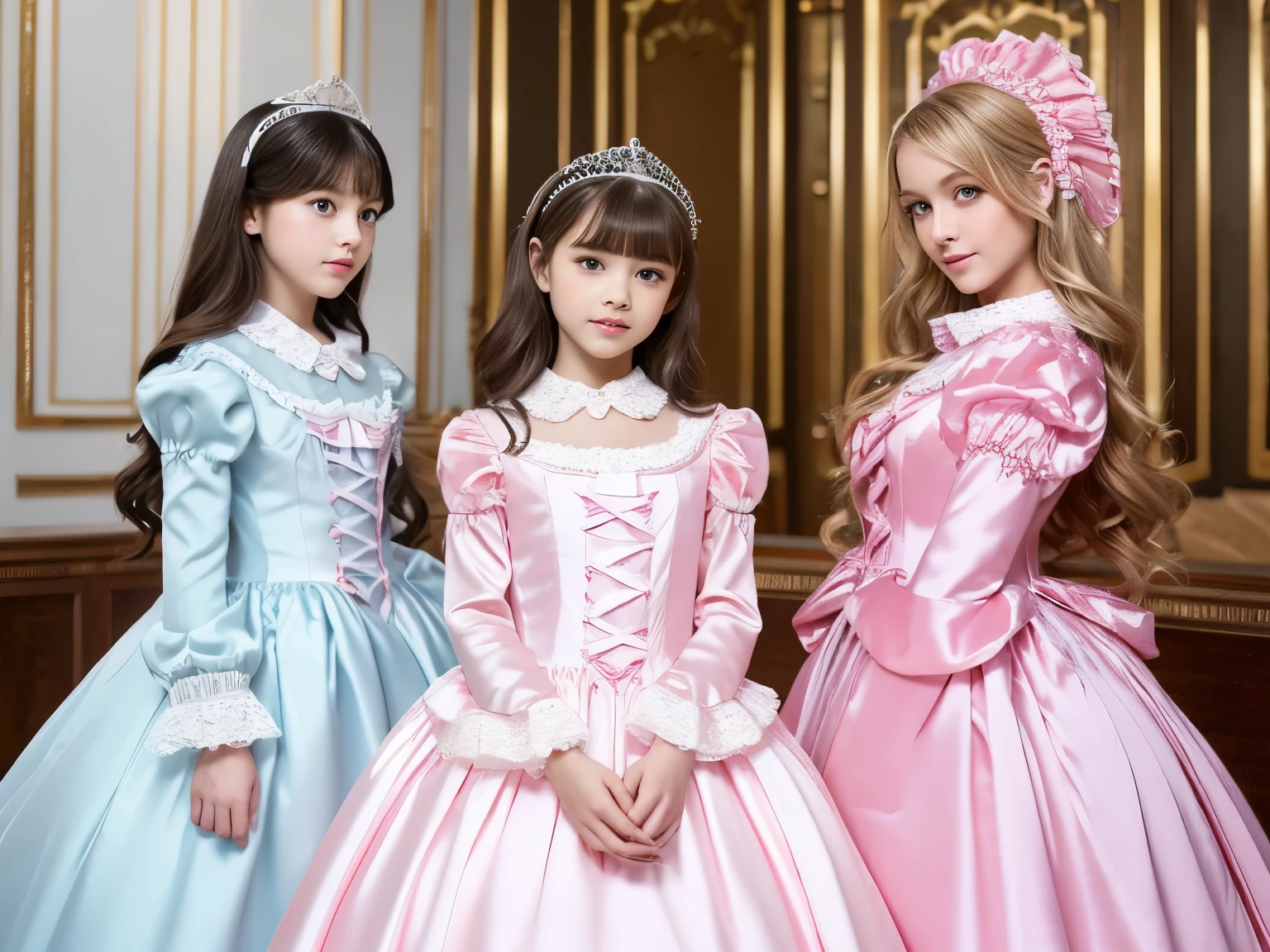 ,highest quality, masterpiece, highest resolution, artwork, super それにget used to it, many get used to it, get used to it, それにget used to it, 3k realistic pictures,,((10 year old s)),Ultra-detailed juvenile face,two are princesses,full length ball gown dress with hoop skirt,ruffled yoke collar,puff sleeves,long sleeve,((Lolita stylt pink detailed princess satin dress with lots of ruffles and ribbons)),Rococo style lolita fashion,y satin dress,Soft and smooth fabric,luxury,long blonde hair,blue eyes,white skin european,Pajama,((in the bedroom)),high quality princess canopy bed,