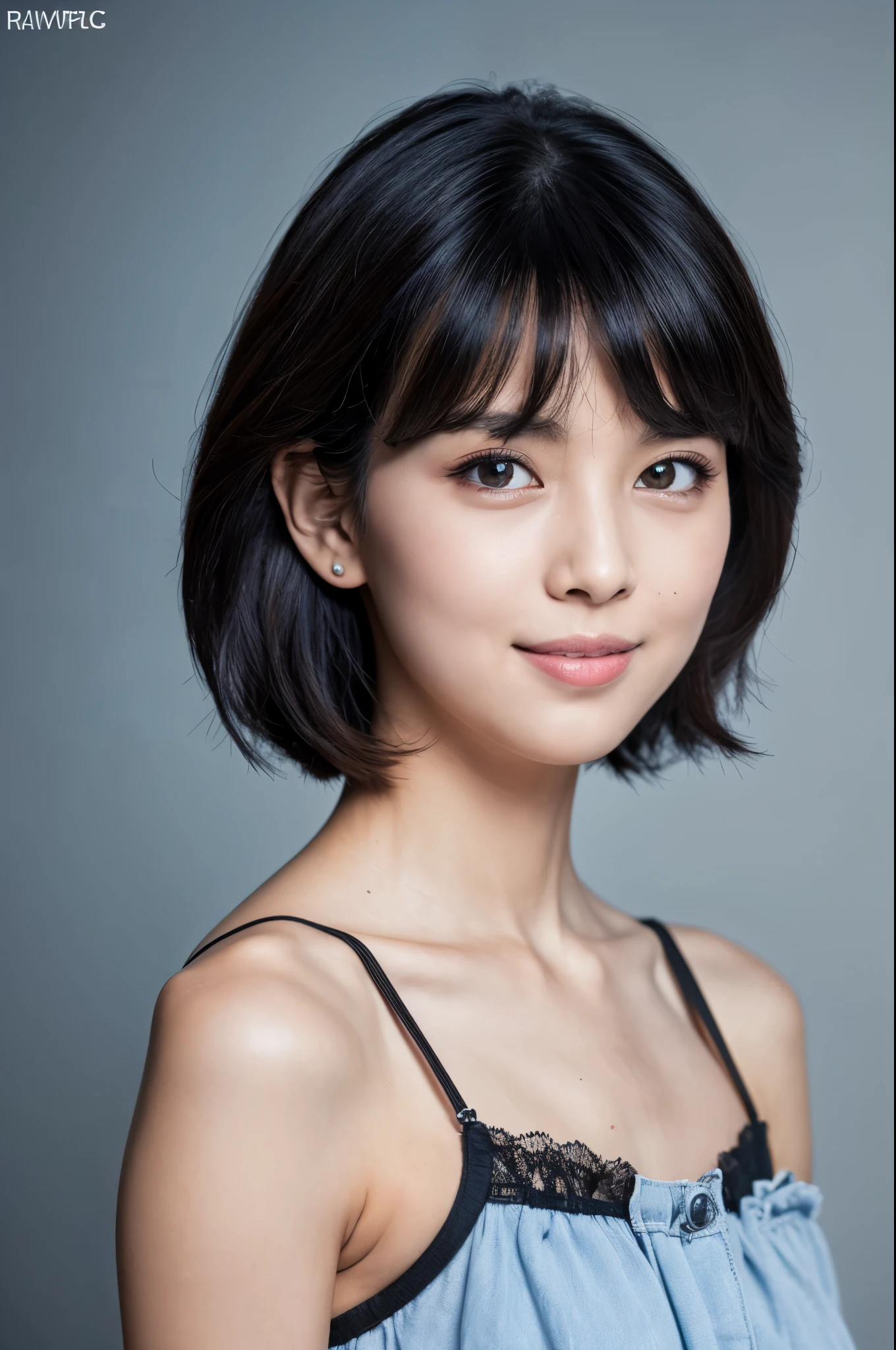 ((Front view)),(Masterpiece:1.3), (8K, Photorealistic, RAW photo, Best quality: 1.4), White background ,Be happy, A Skinny Japanese lady, Show your teeth,(1girl), Beautiful face, (Realistic face), (Black hair, Short hair:1.3), Beautiful hairstyle, Realistic eyes, Beautiful detailed eyes, (Realistic skin), Beautiful skin, (blue underware, blue bra), Attractive, Ultra photo realsisim, Highly detailed, Golden ratio