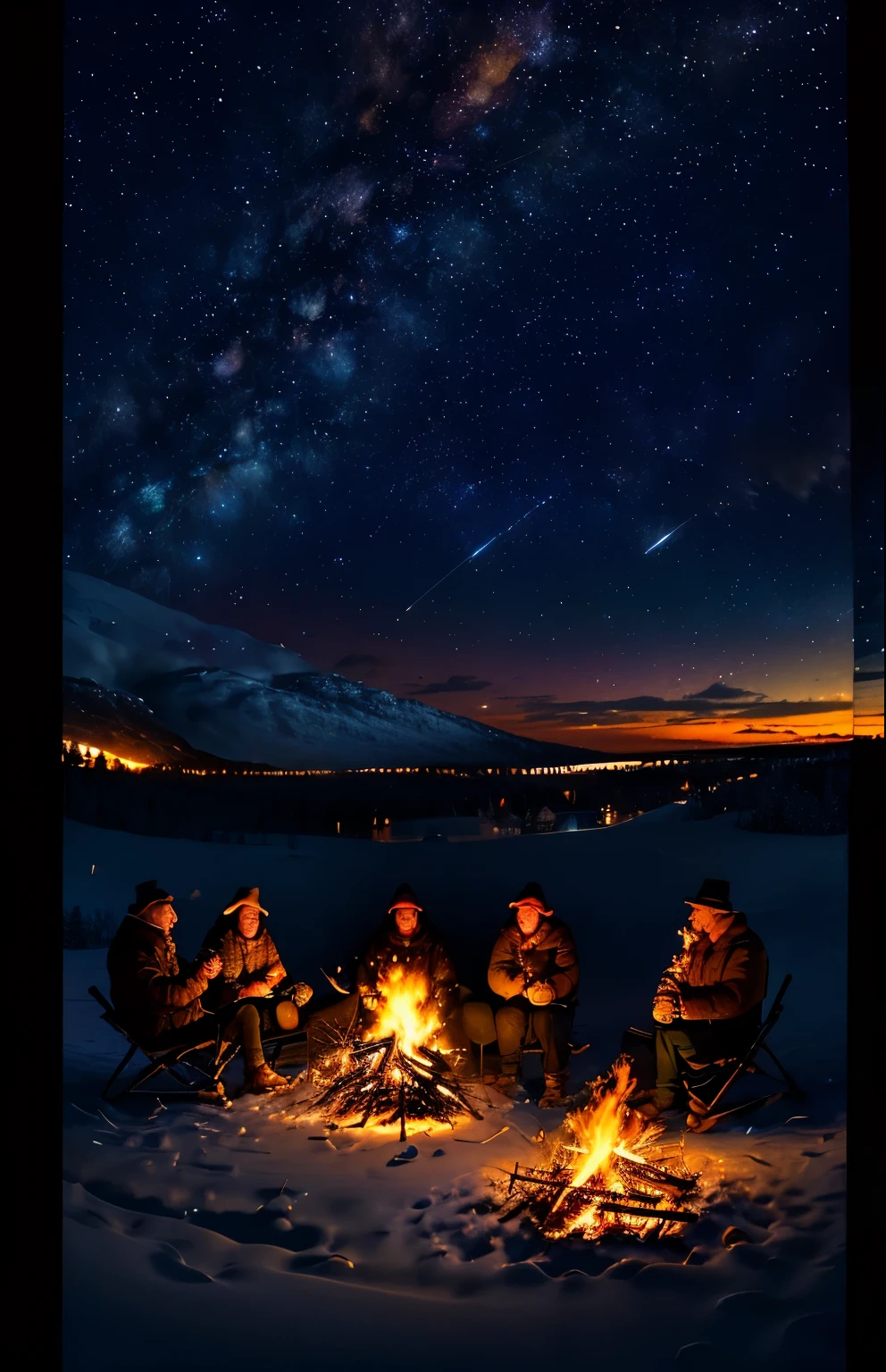 Group of friends around a bonfire on a starry night, roasted marshmallows, Share your story, and enjoy each other's company, The warm glow of the fire illuminates my face、The night sky is filled with twinkling stars, evoke camaraderie and warmth, ((three quarter view)), high detail, sharp focus, ((photorealism)), realistic, highest quality, 8K, Awards, amazing, cinematic, masterpiece, figure, digital art, --16 pieces:9-5 o'clock