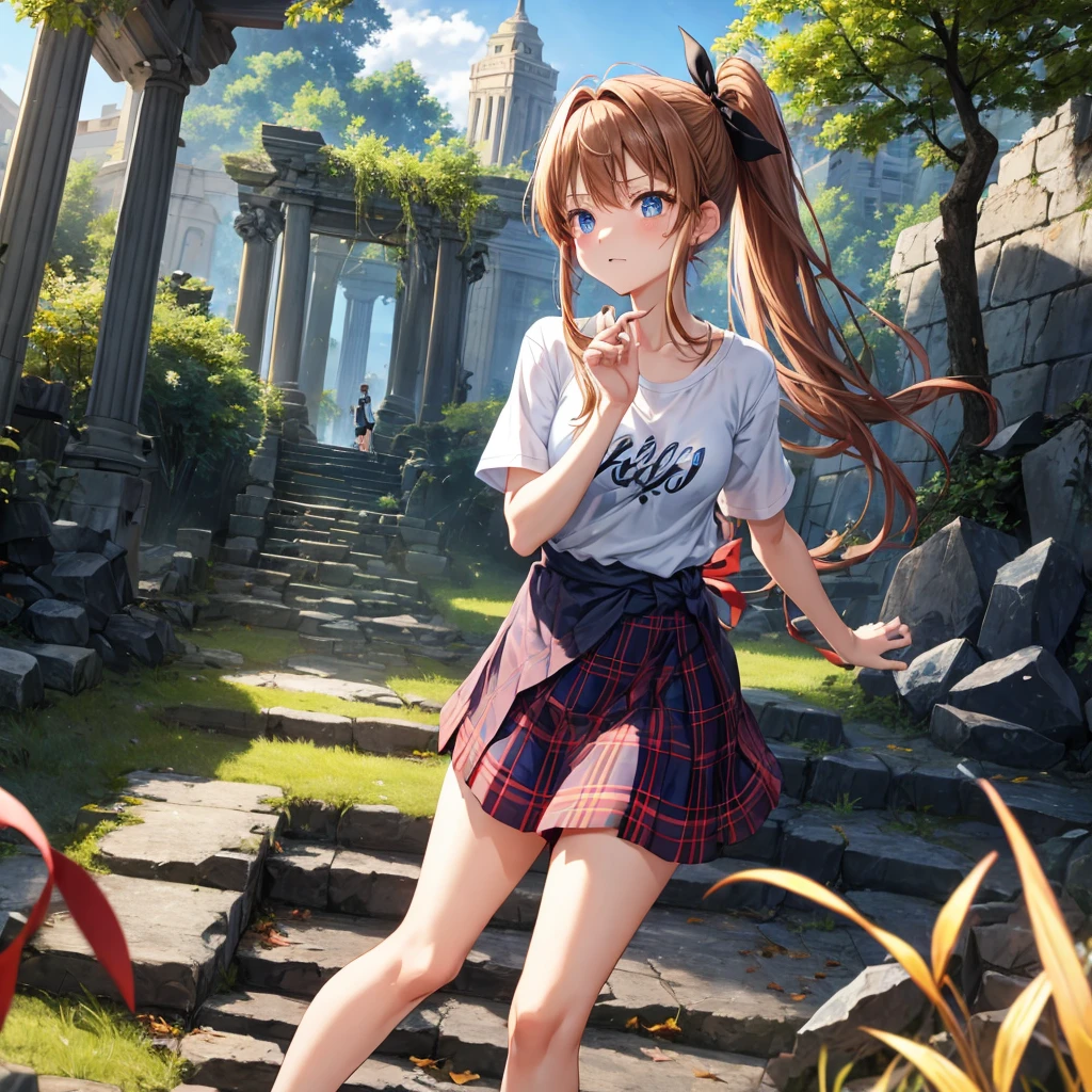 reddish-brown blonde、blue hair、blue eyes、ponytail、one good looking girl、solo、anime、Plaid miniskirt、camisole、black t-shirt、Clothes are torn、Tilting your face、Doing the ribbon、Ribbon at waist、sunset sky、broken stone steps、ruins、tunnel、Fallen leaves、Light and shadow、Raising legs、column、sparks fall、forest、tall grass grows、cloak、the ground is cracked、Shortness of breath、Meteor