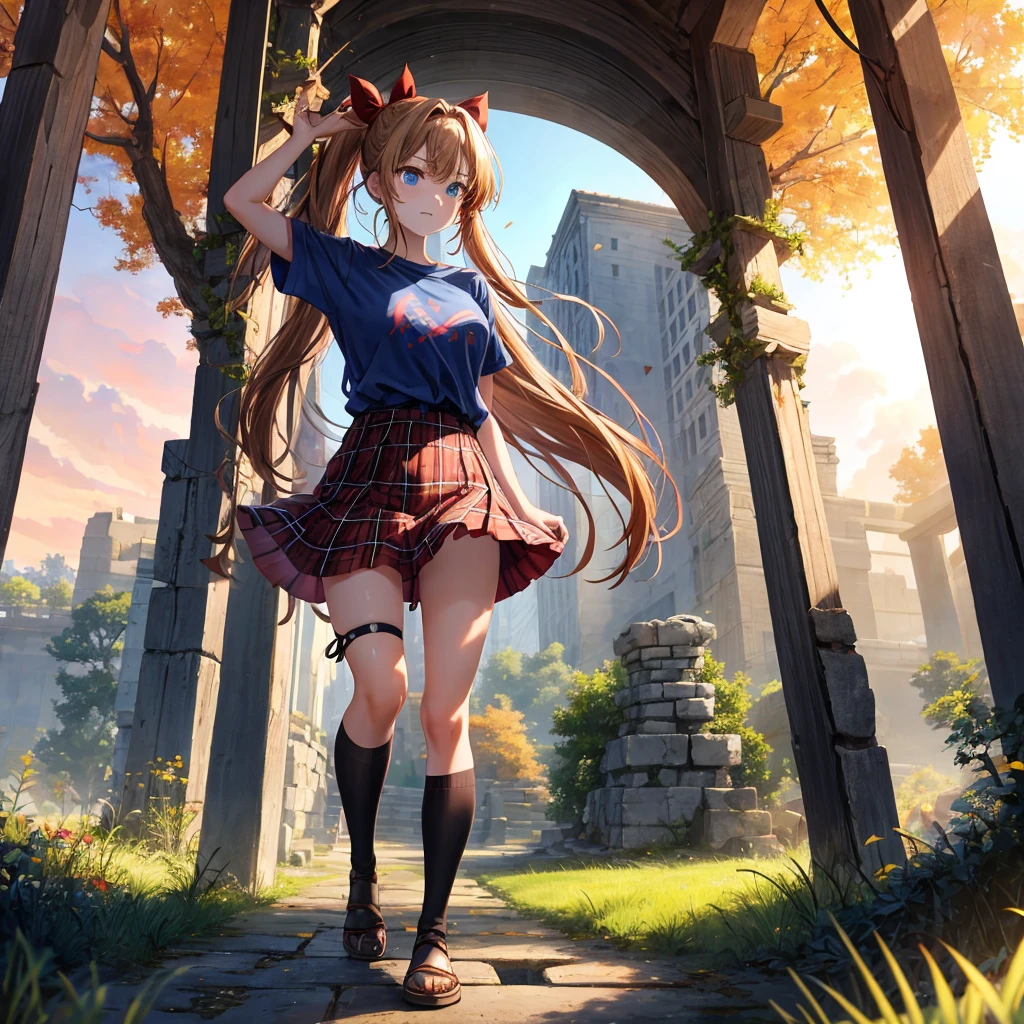 reddish-brown blonde、blue hair、blue eyes、ponytail、one good looking girl、solo、anime、Plaid miniskirt、camisole、black t-shirt、Clothes are torn、Tilting your face、Doing the ribbon、Ribbon at waist、sunset sky、broken stone steps、ruins、tunnel、Fallen leaves、Light and shadow、Raising legs、column、sparks fall、forest、tall grass grows、cloak、the ground is cracked、Shortness of breath、Meteor