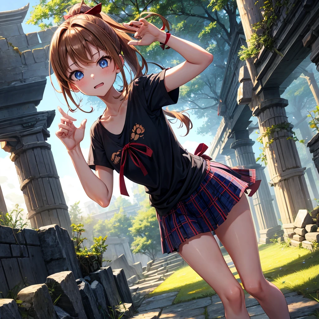 reddish-brown blonde、blue hair、blue eyes、ponytail、one good looking girl、solo、anime、Plaid miniskirt、camisole、black t-shirt、Clothes are torn、Tilting your face、Doing the ribbon、Ribbon at waist、sunset sky、broken stone steps、ruins、tunnel、Fallen leaves、Light and shadow、Raising legs、column、sparks fall、forest、tall grass grows、cloak、the ground is cracked、Shortness of breath、Meteor