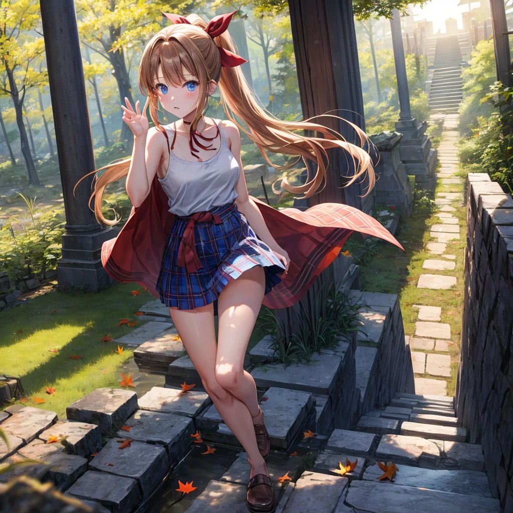 reddish-brown blonde、blue hair、blue eyes、ponytail、one good looking girl、solo、anime、Plaid miniskirt、camisole、black t-shirt、Clothes are torn、Tilting your face、Doing the ribbon、Ribbon at waist、sunset sky、broken stone steps、ruins、tunnel、Fallen leaves、Light and shadow、Raising legs、column、sparks fall、forest、tall grass grows、cloak、the ground is cracked、Shortness of breath、Meteor
