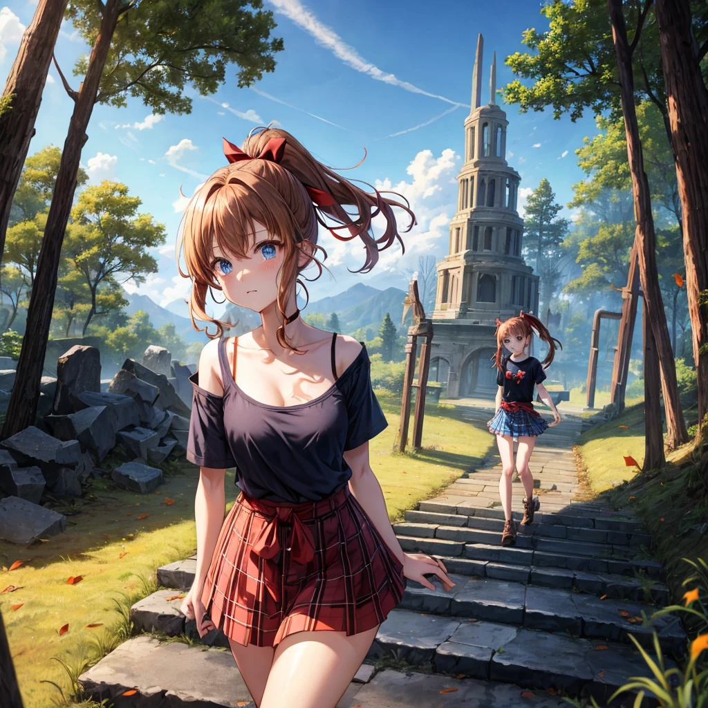 reddish-brown blonde、blue hair、blue eyes、ponytail、one good looking girl、solo、anime、Plaid miniskirt、camisole、black t-shirt、Clothes are torn、Tilting your face、Doing the ribbon、Ribbon at waist、sunset sky、broken stone steps、ruins、tunnel、Fallen leaves、Light and shadow、Raising legs、column、sparks fall、forest、tall grass grows、cloak、the ground is cracked、Shortness of breath、Meteor