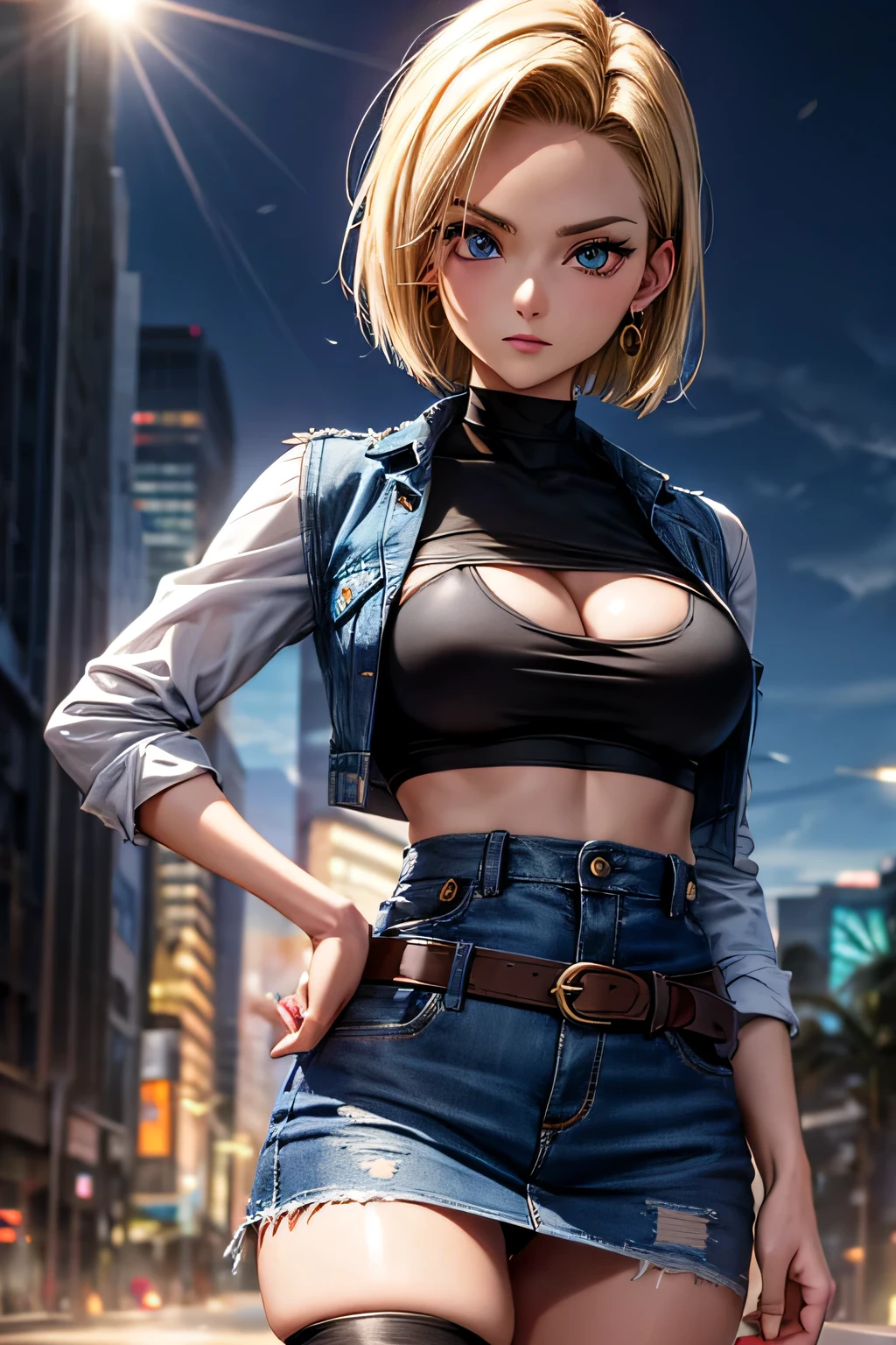 android 18, android 18, blonde hair, blue eyes, eyelash, hoop earrings, short hair, earrings, break belt, black legwear, black shirt, breast pocket, cleavage, clavicle, denim, denim skirt, high-waist skirt, jewelry, long sleeve, pocket, shirt, shirt tucked in, skirt, striped, striped sleeves, waistcoat,, break outdoors, city, null, cloud, sun, break looking at viewer, (cowboy shot:1.5), break (masterpiece:1.2), highest quality, High resolution, unity 8k wallpaper, (shape:0.8), (beautiful and detailed eyes:1.6), highly detailed face, perfect lighting, Very detailed CG, (perfect hands, perfect anatomy)