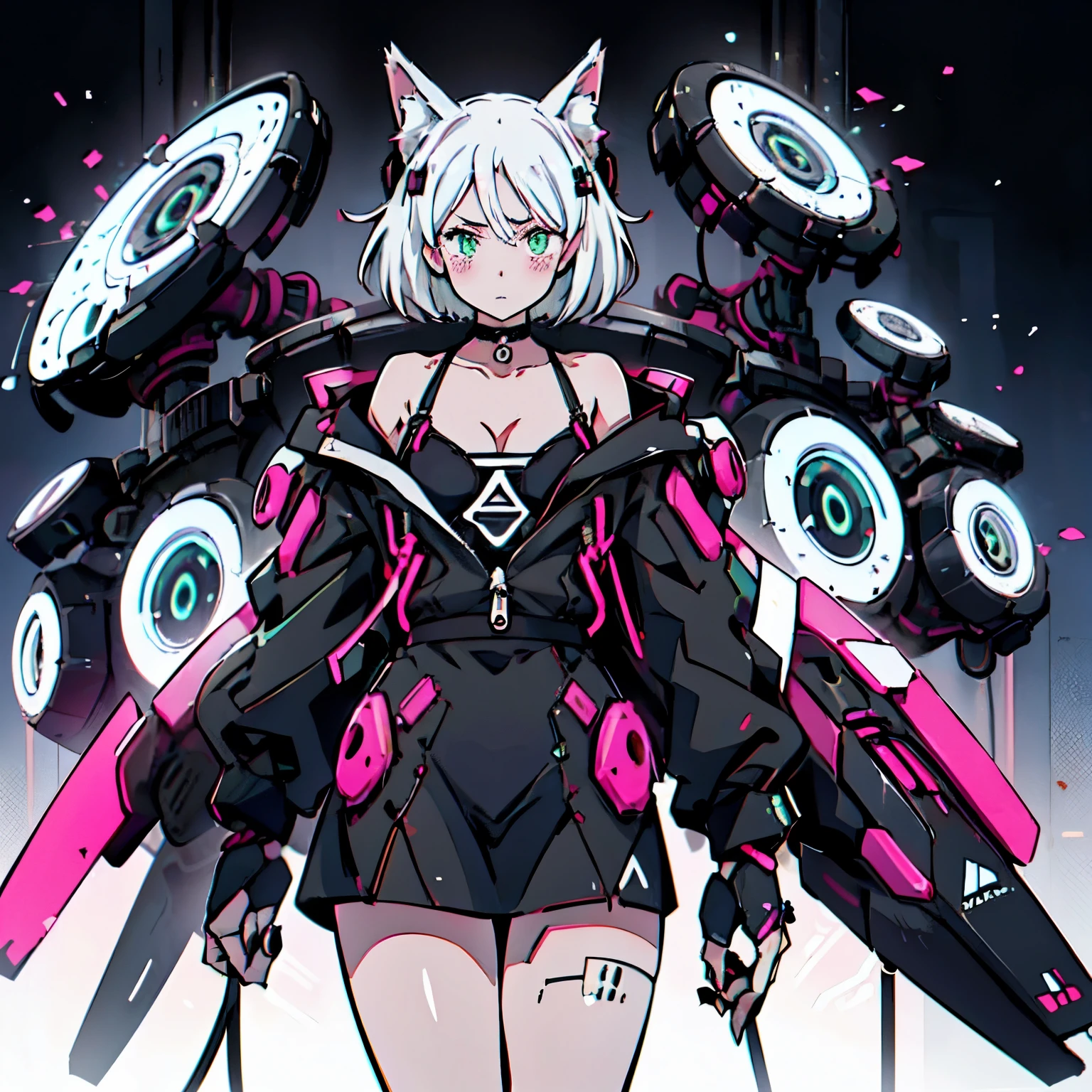 asterpiece, intrincate, full doby, 1girl, :3, cat_ears, bangs, black_background, black_jacket, blush, binary codes, cat features, choker, cleavage, closed_mouth, collarbone, eyebrows_visible_through_hair, green_eyes, hair_between_eyes, white_hair, silver_hair, short_hair, letterboxed, looking_at_viewer, medium_breasts, sarashi, virtual_youtuber, wears techwear clothes, detailed, 4K, HDR, hight_contrast, hologram FX, cyberpunk, neon FX, electronic, mecanincs, wires, microchips
