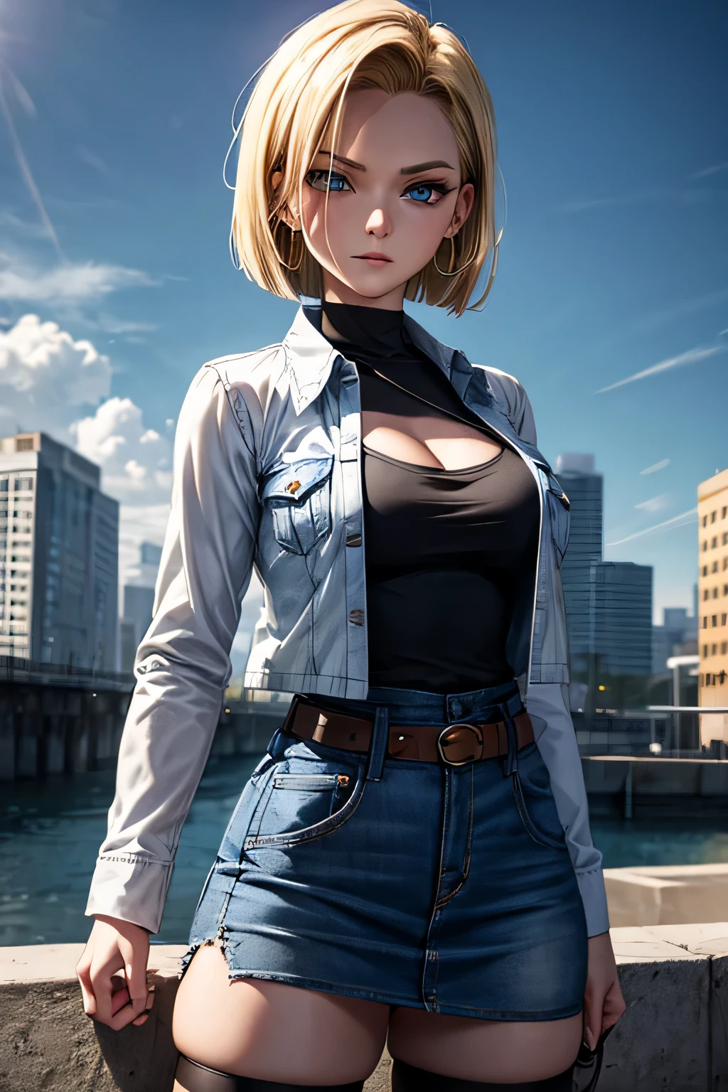 android 18, android 18, blonde hair, blue eyes, eyelash, hoop earrings, short hair, earrings, break belt, black legwear, black shirt, breast pocket, cleavage, clavicle, denim, denim skirt, high-waist skirt, jewelry, long sleeve, pocket, shirt, shirt tucked in, skirt, striped, striped sleeves, waistcoat,, break outdoors, city, null, cloud, sun, break looking at viewer, (cowboy shot:1.5), break (masterpiece:1.2), highest quality, High resolution, unity 8k wallpaper, (shape:0.8), (beautiful and detailed eyes:1.6), highly detailed face, perfect lighting, Very detailed CG, (perfect hands, perfect anatomy)