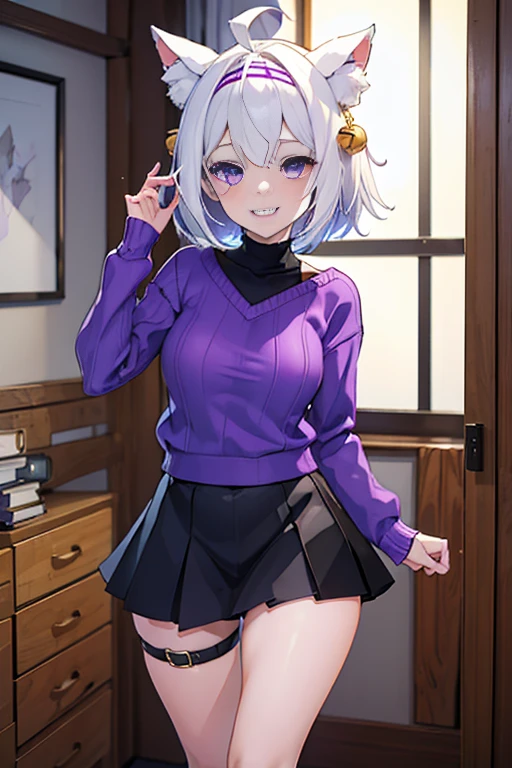 ((masterpiece, best quality, absurdres)), colorful, indoors, day, 1girl, solo, ((filian)), purple eyes, white hair, short hair, ahoge, animal ears, hair bell, hairband, tail, looking at viewer, upper body, grin, small breasts, wide hips, slim legs, ((purple sweater)), ((black skirt)), ((sfw))