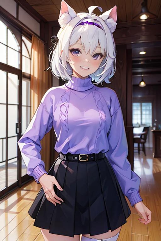 ((masterpiece, best quality, absurdres)), colorful, indoors, day, 1girl, solo, ((filian)), purple eyes, white hair, short hair, ahoge, animal ears, hair bell, hairband, tail, looking at viewer, upper body, grin, small breasts, wide hips, slim legs, ((purple sweater)), ((black skirt)), ((sfw))