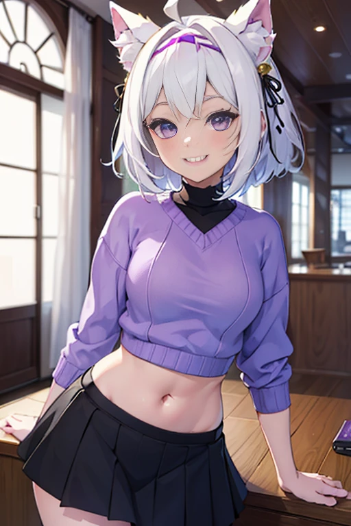 ((masterpiece, best quality, absurdres)), colorful, indoors, day, 1girl, solo, ((filian)), purple eyes, white hair, short hair, ahoge, animal ears, hair bell, hairband, tail, looking at viewer, upper body, grin, small breasts, wide hips, slim legs, ((purple sweater)), ((black skirt)), ((sfw))