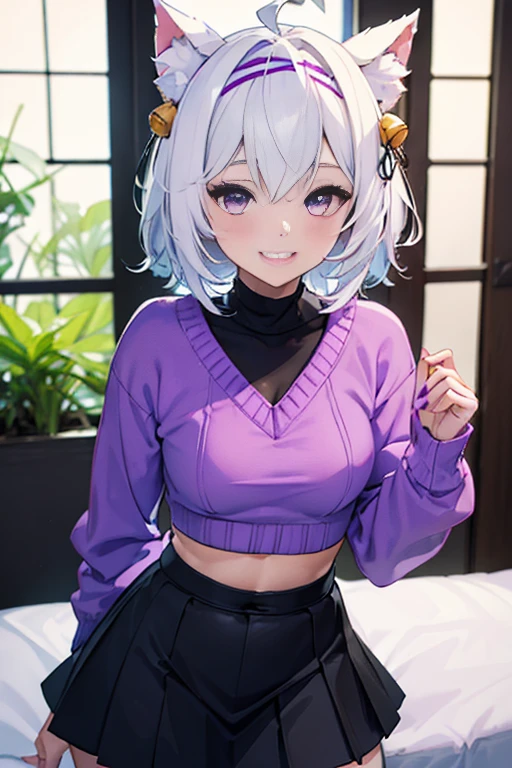 ((masterpiece, best quality, absurdres)), colorful, indoors, day, 1girl, solo, ((filian)), purple eyes, white hair, short hair, ahoge, animal ears, hair bell, hairband, tail, looking at viewer, upper body, grin, small breasts, wide hips, slim legs, ((purple sweater)), ((black skirt)), ((sfw))
