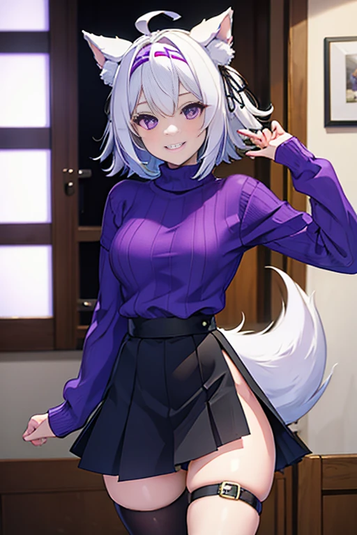 ((masterpiece, best quality, absurdres)), colorful, indoors, day, 1girl, solo, ((filian)), purple eyes, white hair, short hair, ahoge, animal ears, hair bell, hairband, tail, looking at viewer, upper body, grin, small breasts, wide hips, slim legs, ((purple sweater)), ((black skirt)), ((sfw))