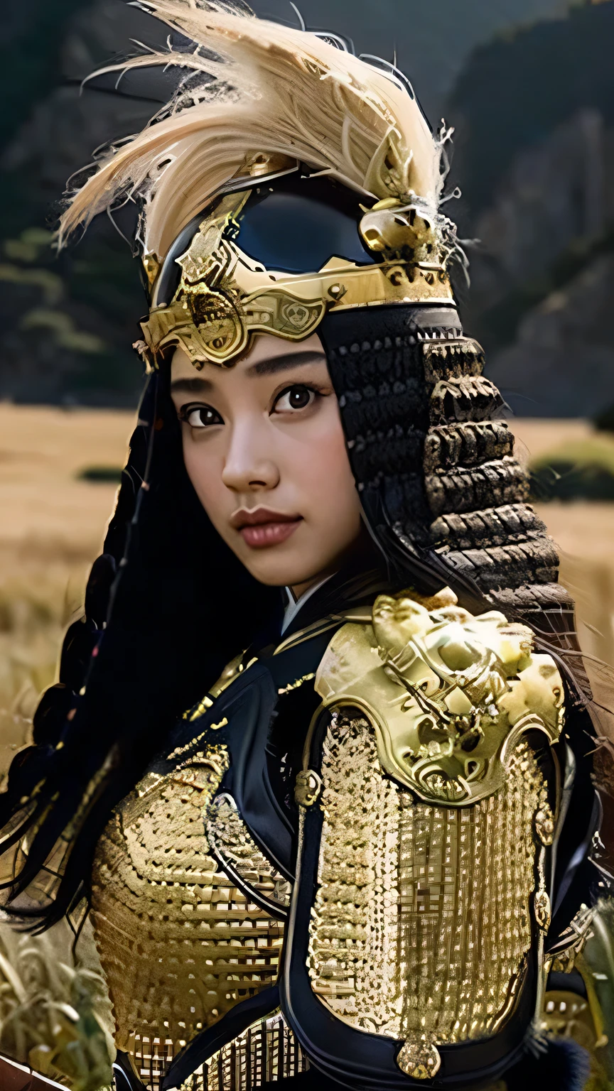 [ : (high detail face)], (Pure Eros Face in 1:0.8), ((Body Portrait)), pores, real skin, (black hair), Ancient headdress, hairpin, affectionate eyes, shining eyes, beautiful scene, Shadow, Backlight, Cinematic perfect light with soft natural volume, film grain, Zukzia, chinese armor, sword, Architecture of China, grassland, wood, sexy, masterpiece, 最high quality, high quality, High resolution