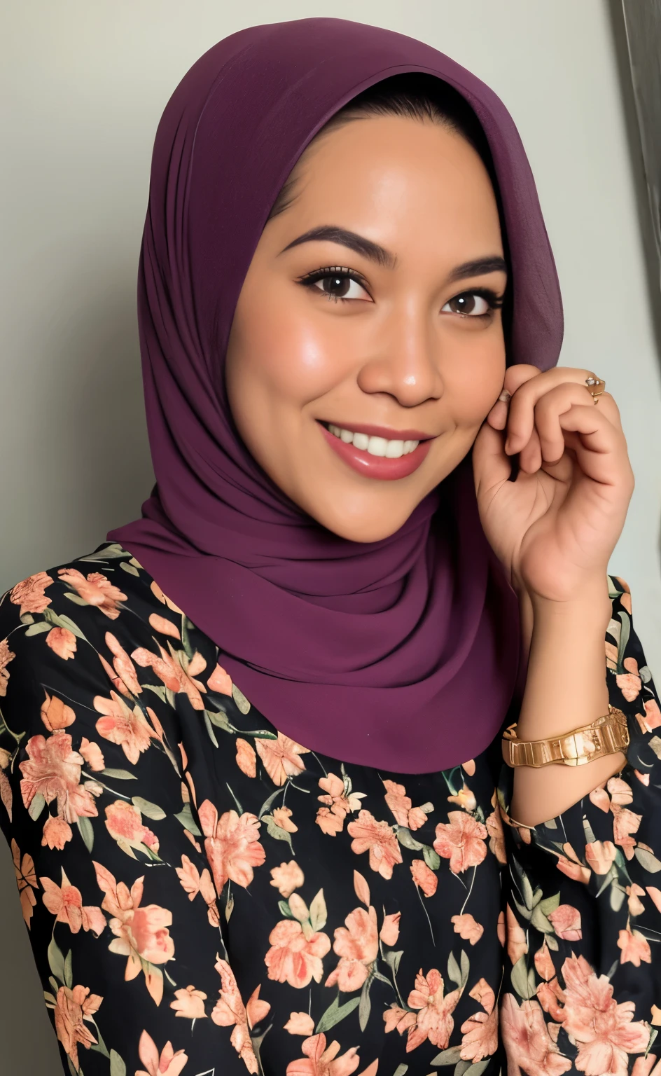 Masterpiece:1.2, high quality, best quality, high resolution, detailed, hyper realistic, 1 malay girl, wear baju kurung, bright short white hair, Shaggy Bob Haircut with Bangs, brown eyes, head tilt, sunset, birds flying, strawberry plant, Portrait, smile, showing teeth, (detailed face), ((sharp focus)), ((face)), upper body, mid shot portrait,