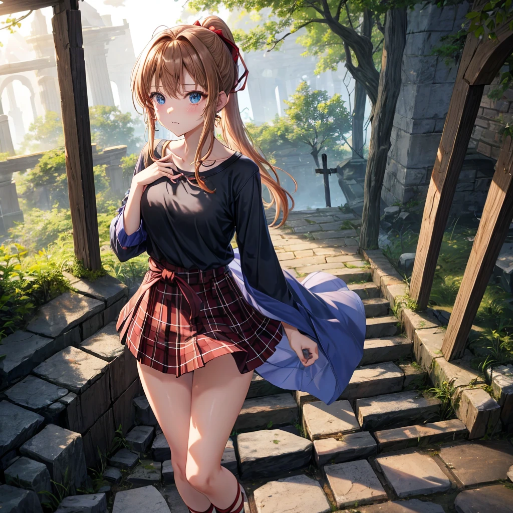 reddish-brown blonde、blue hair、blue eyes、ponytail、one good looking girl、solo、anime、Plaid miniskirt、camisole、black t-shirt、Clothes are torn、Tilting your face、Doing the ribbon、Ribbon at waist、sunset sky、broken stone steps、ruins、tunnel、Fallen leaves、Light and shadow、Raising legs、column、sparks fall、forest、tall grass grows、cloak、the ground is cracked、Shortness of breath、Meteor