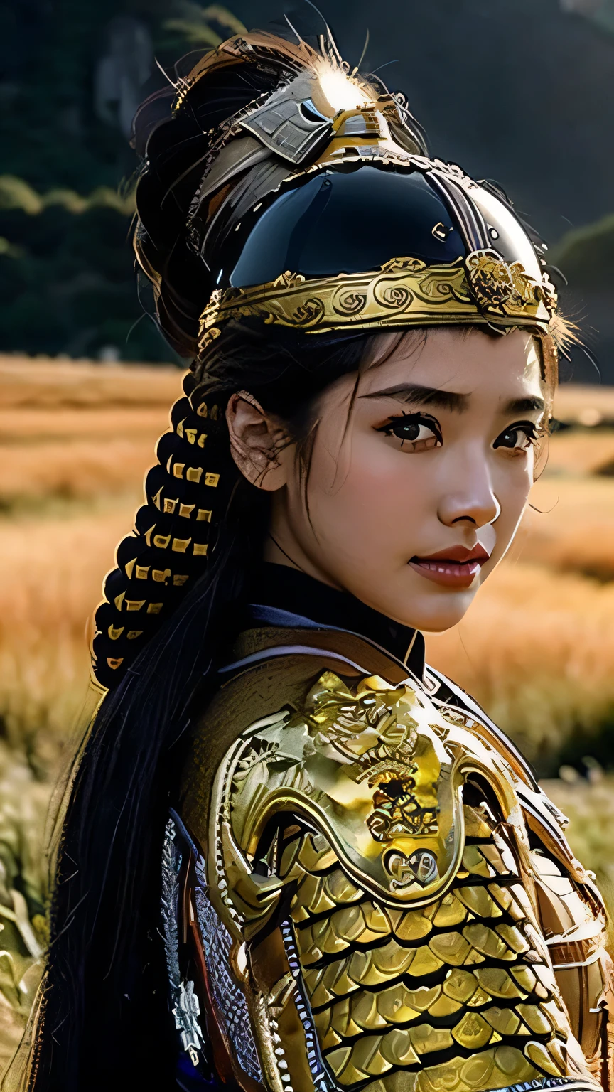 [ : (high detail face)], (Pure Eros Face in 1:0.8), ((Body Portrait)), pores, real skin, (black hair), Ancient headdress, hairpin, affectionate eyes, shining eyes, beautiful scene, Shadow, Backlight, Cinematic perfect light with soft natural volume, film grain, Zukzia, chinese armor, sword, Architecture of China, grassland, wood, sexy, masterpiece, 最high quality, high quality, High resolution