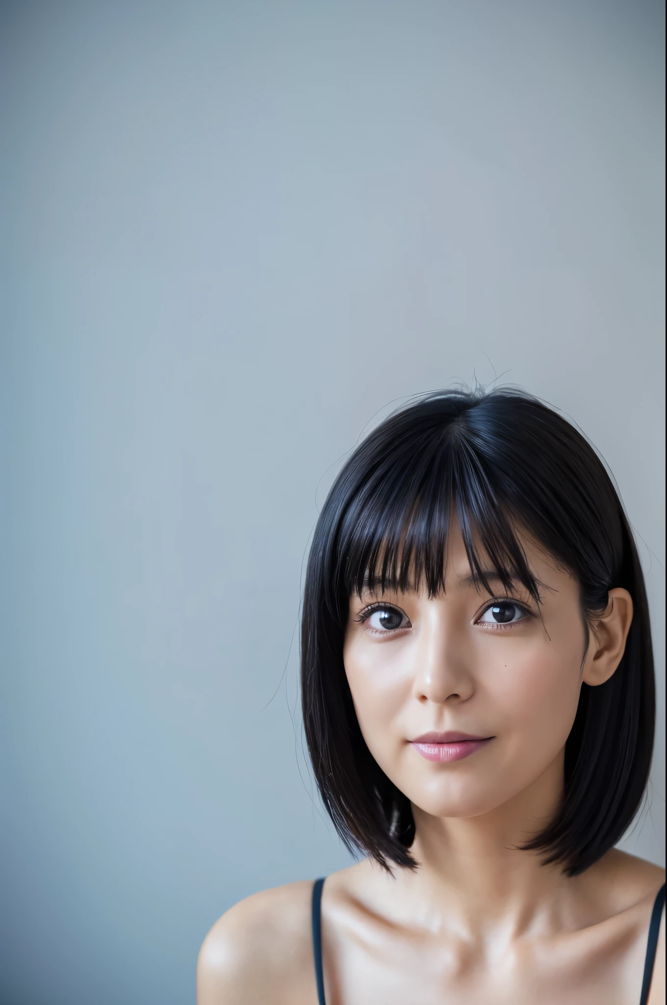 ((Front view)),(Masterpiece:1.3), (8K, Photorealistic, RAW photo, Best quality: 1.4), White background ,Be happy, A Skinny Japanese lady, Show your teeth,(1girl), Beautiful face, (Realistic face), (Black hair, Short hair:1.3), Beautiful hairstyle, Realistic eyes, Beautiful detailed eyes, (Realistic skin), Beautiful skin, (blue underware, blue bra), Attractive, Ultra photo realsisim, Highly detailed, Golden ratio