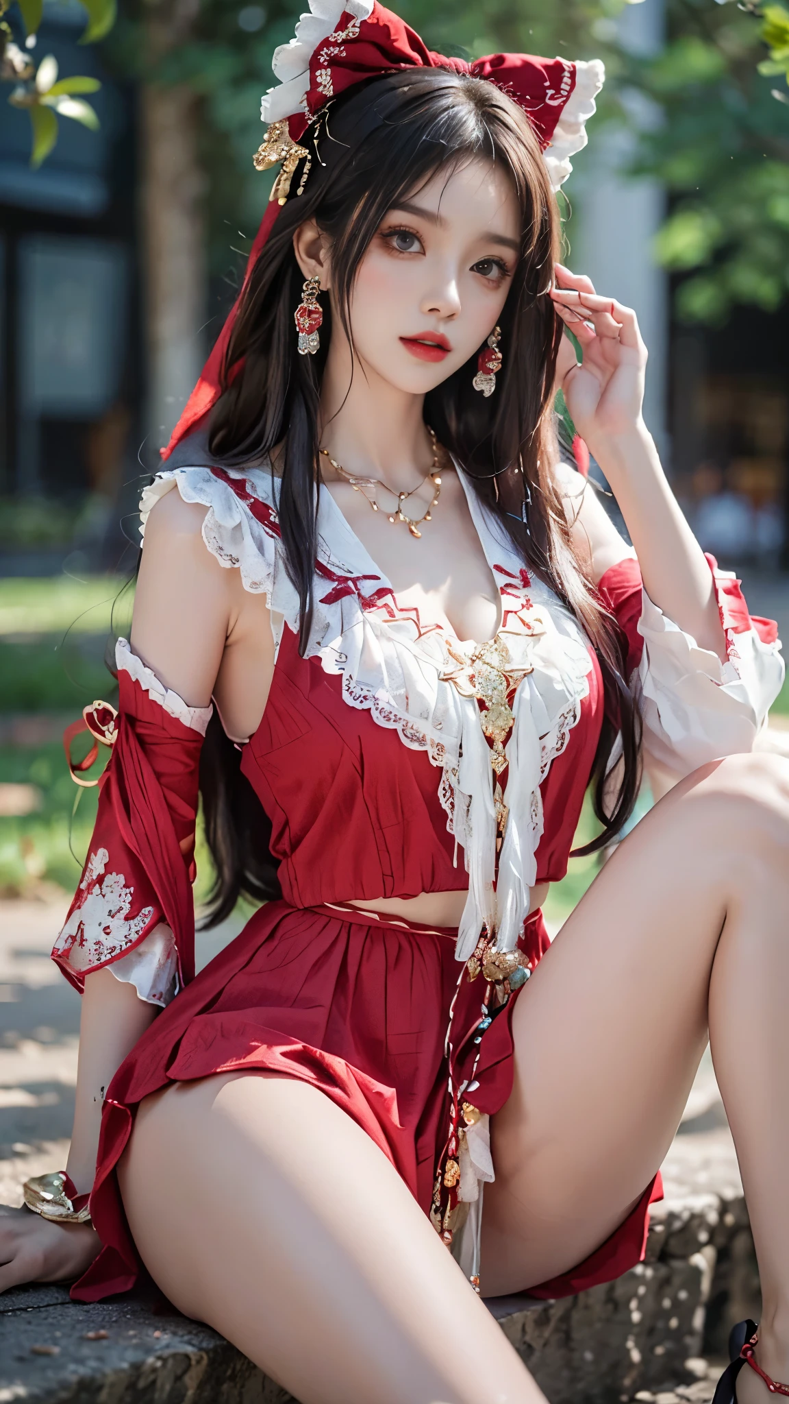 ((full body)), yushuxin,1girl,solo, makeup, (close-up shot, sitting pose, elegant posture, enticing pose, perfect curves, slim, sexy, big breasts, cleavage, beautiful legs, mesmerizing gaze, biting lips, messy long hair, outdoor, simple casual scene, random shooting angle, extremely detailed, ultra-clear, best quality, official art, exquisite earrings, delicate necklace, extremely detailed description, super fine painting, exquisite features)