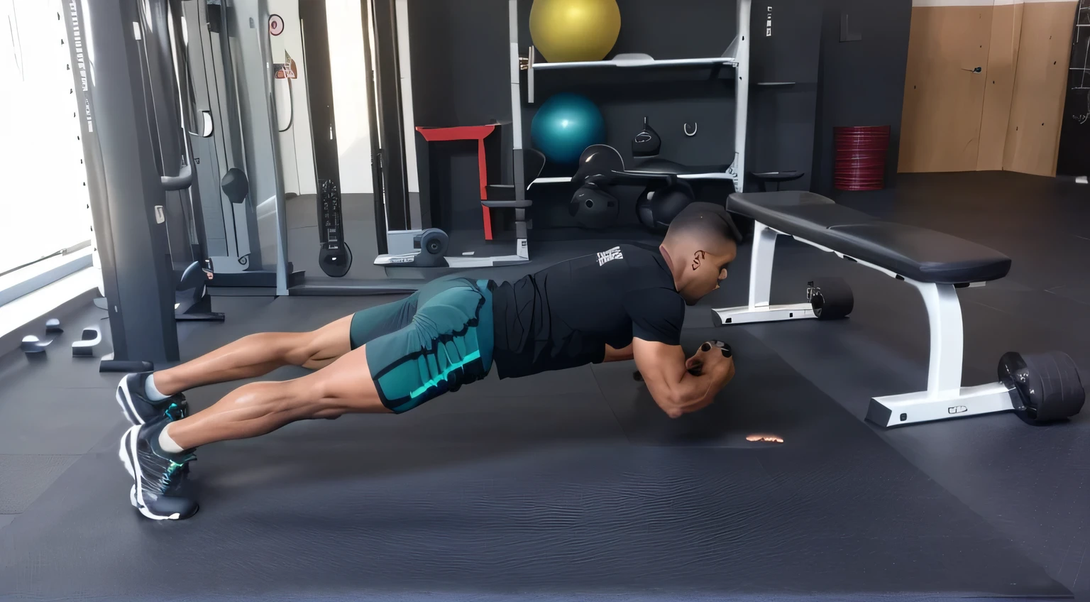 chiseled man doing push-ups on a black mat in a gym, parte inferior das costas, esticar, 6 pacotes ab, upper and parte inferior do corpo, trabalhando fora, Symmetrical, shoulder level shot, 3 6 anos, horizontal, tonificado, deitado com os pulsos juntos, parte inferior do corpo, [ clearly defined abdomen ]!!, head tilted downward