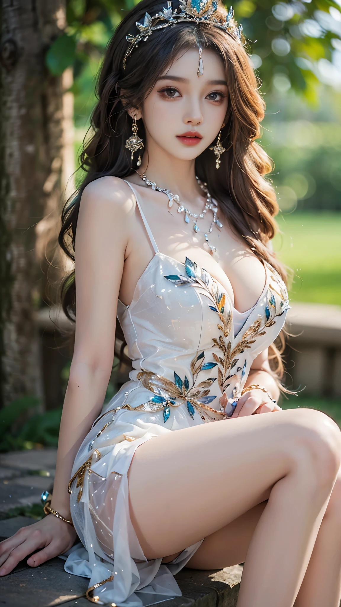 ((full body)), yushuxin,1girl,solo, makeup, (close-up shot, sitting pose, elegant posture, enticing pose, perfect curves, slim, sexy, big breasts, cleavage, beautiful legs, mesmerizing gaze, biting lips, messy long hair, outdoor, simple casual scene, random shooting angle, extremely detailed, ultra-clear, best quality, official art, exquisite earrings, delicate necklace, extremely detailed description, super fine painting, exquisite features)