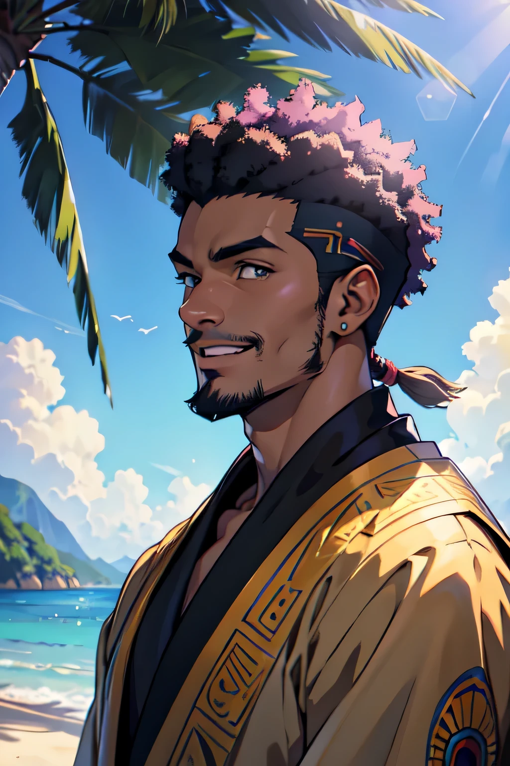 (Masterpiece, Top Quality, Best Quality, Official Art, Beauty and Aesthetics: 1.2), Very Detailed, Fractal Art, Colorful, Most Detailed, anime black man, short black hair, bald afro hairstyle, dark brown eyes, dark skin, shaved facial hair goatee, muscular build, very physically strong, Sunny and cheerful, Egyptian style, Blue Hippie Robe, smiling and looking into the camera, The sunlight shines on his face,The background is the sea,Pink-purple sky。Please draw this scene in Miyazaki's style