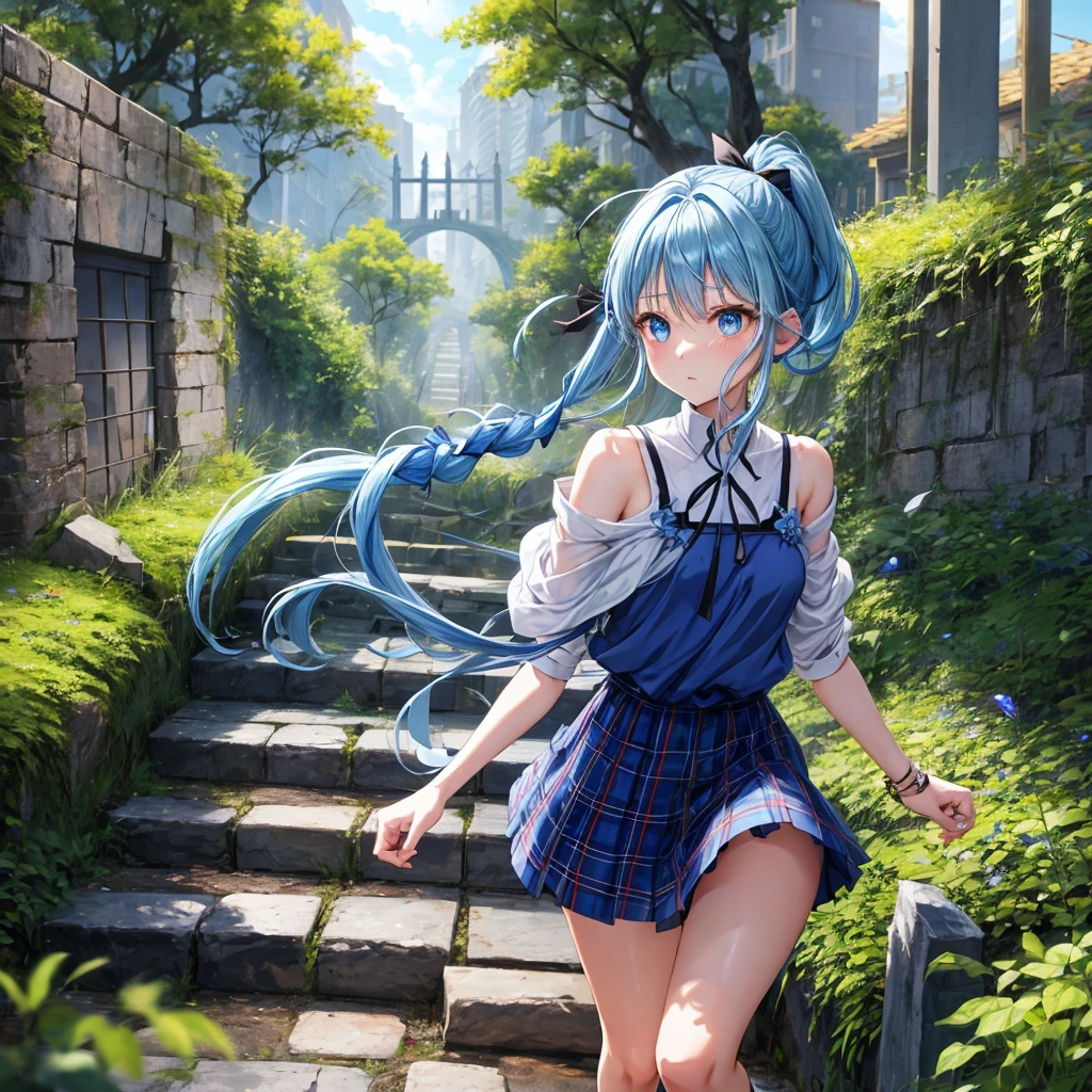 blue hair、blue eyes、Braid、ponytail、one good looking girl、solo、anime、Plaid miniskirt、camisole、black t-shirt、Tilting your face、Doing the ribbon、Ribbon at waist、sunset sky、broken stone steps、ruins、tunnel、Fallen leaves、Light and shadow、Raising legs、column、sparks fall、forest、tall grass grows、cloak、the ground is cracked、Shortness of breath、Meteor