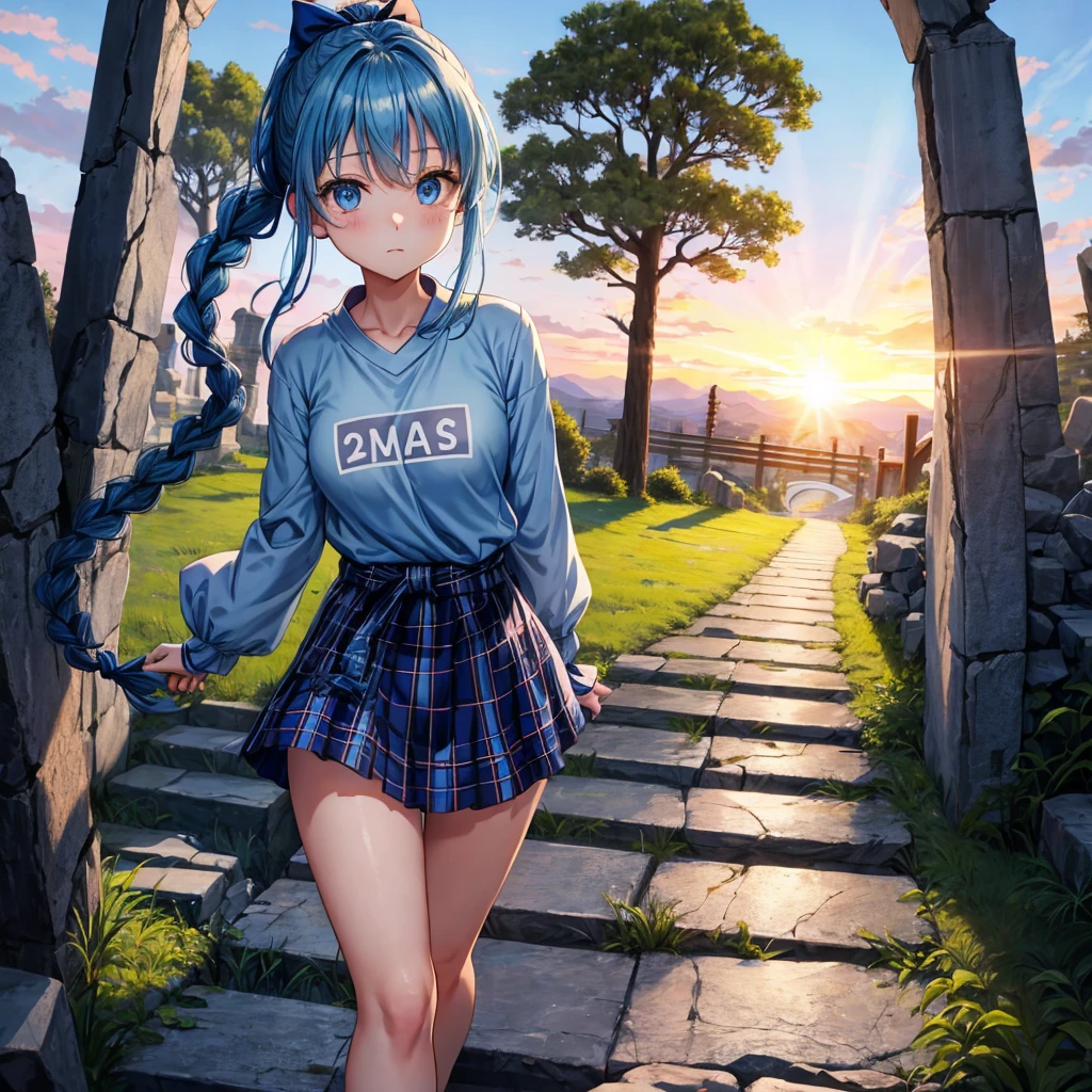 blue hair、blue eyes、Braid、ponytail、one good looking girl、solo、anime、Plaid miniskirt、camisole、black t-shirt、Tilting your face、Doing the ribbon、Ribbon at waist、sunset sky、broken stone steps、ruins、tunnel、Fallen leaves、Light and shadow、Raising legs、column、sparks fall、forest、tall grass grows、cloak、the ground is cracked、Shortness of breath、Meteor