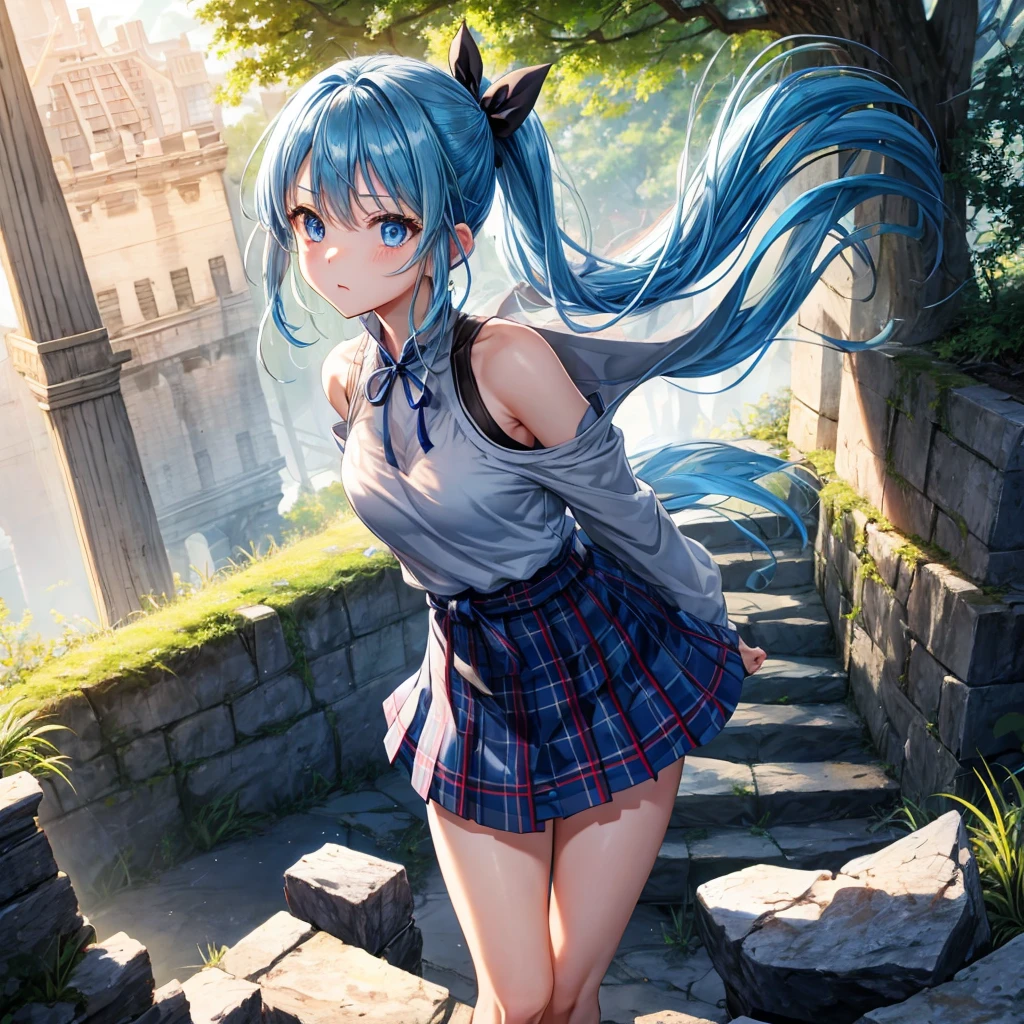 blue hair、blue eyes、Braid、ponytail、one good looking girl、solo、anime、Plaid miniskirt、camisole、black t-shirt、Tilting your face、Doing the ribbon、Ribbon at waist、sunset sky、broken stone steps、ruins、tunnel、Fallen leaves、Light and shadow、Raising legs、column、sparks fall、forest、tall grass grows、cloak、the ground is cracked、Shortness of breath、Meteor