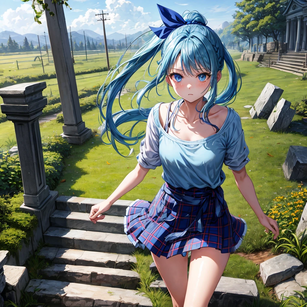 blue hair、blue eyes、Braid、ponytail、one good looking girl、solo、anime、Plaid miniskirt、camisole、black t-shirt、Tilting your face、Doing the ribbon、Ribbon at waist、sunset sky、broken stone steps、ruins、tunnel、Fallen leaves、Light and shadow、Raising legs、column、sparks fall、forest、tall grass grows、cloak、the ground is cracked、Shortness of breath、Meteor