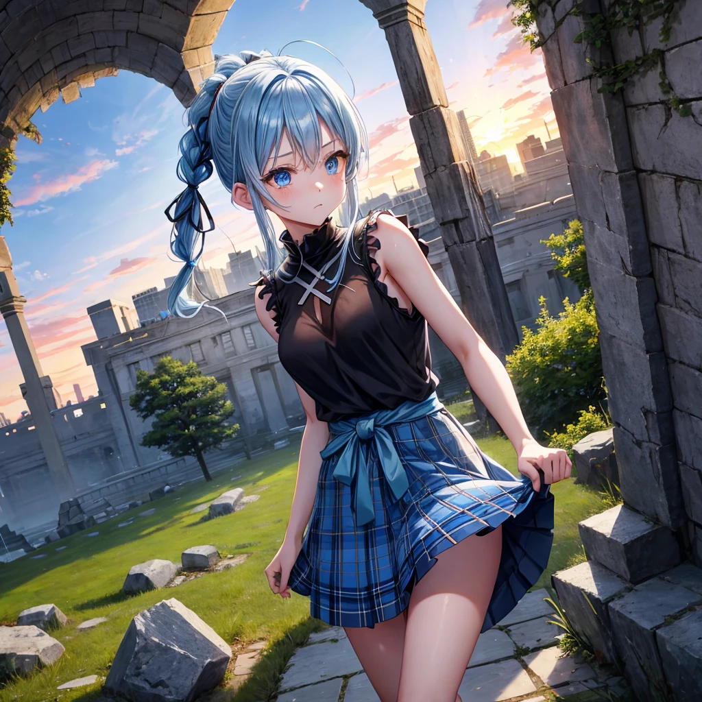 blue hair、blue eyes、Braid、ponytail、one good looking girl、solo、anime、Plaid miniskirt、camisole、black t-shirt、Tilting your face、Doing the ribbon、Ribbon at waist、sunset sky、broken stone steps、ruins、tunnel、Fallen leaves、Light and shadow、Raising legs、column、sparks fall、forest、tall grass grows、cloak、the ground is cracked、Shortness of breath、Meteor