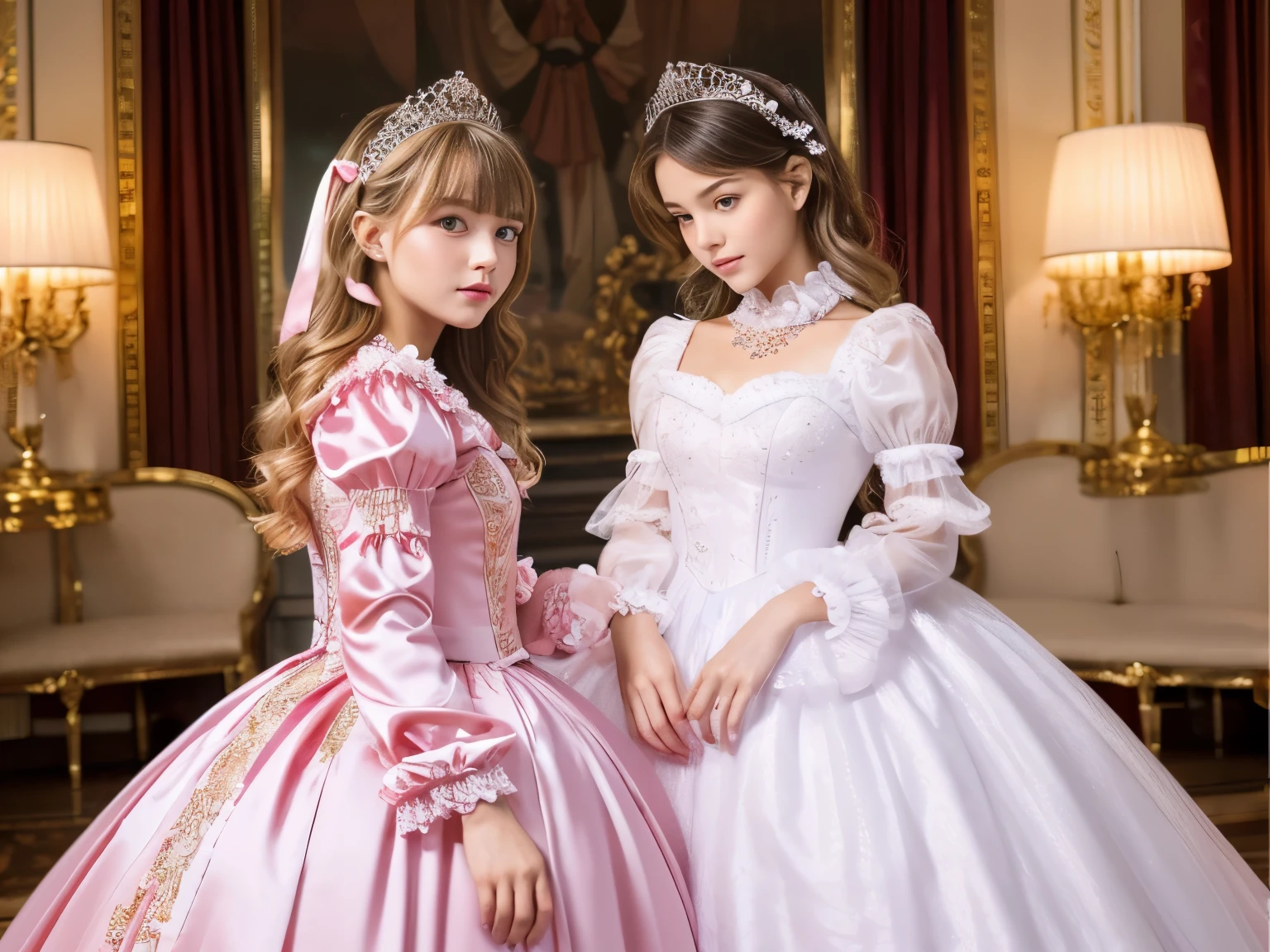 ,highest quality, masterpiece, highest resolution, artwork, super それにget used to it, many get used to it, get used to it, それにget used to it, 3K realistic photos,,((10 year old little girls)),Super detailed baby face,they are both princesses,Full length ball gown dress with hoop skirt,ruffle yoke collar,puff sleeves,long sleeve,((Lolita style hot pink detailed princess satin dress、Comes with lots of frills and ribbons。)),Colorful fashion in rococo style,shiny satin dress,Soft and smooth fabric,luxury,long blonde hair,blue eyes,white skin european,pajamas,((inside the palace bedroom)),Canopy bed,