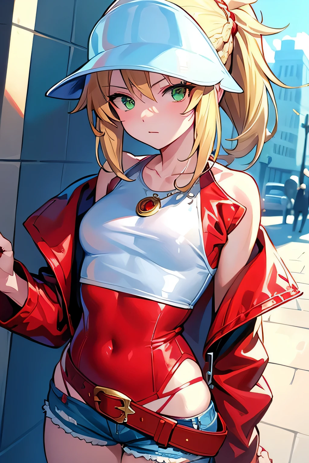 masterpiece, best quality, illustration, city street, 1girl, mordred \(fate\), cowboy shot, skinny, collarbone, detailed blonde hair ponytail braid, green eyes, red leather jacket, white crop top, denim shorts, NSFW