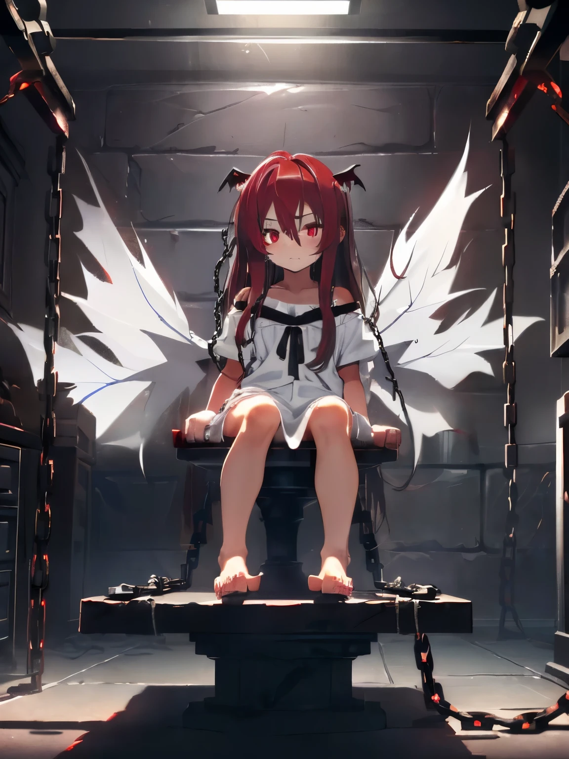 character//1 girl,(sooty gray hair:1.2),((long hair:1.2)),((deep red eyes:1.5)),BREAK//((White clothes like hospital clothes for hospitalized patients:1.3)),(Bare feet that are worn out and full of scratches:1.2),(nails are sharp and long:1.4),BREAK//((Corner of the room:1.2)),((A narrow, dark place where light cannot reach:1.5)),((Sit on a pedestal:1.4)),BREAK//((black darkness background:1.3)),(((No background:1.2))),(small breasts:1.3),((laboratory testing bench:1.3)),((Subject:1.2)),((restrained by chains:1.5)),((I'm in love with:1.2)),(((close up of face:1.2))),((angle from below:1.3)),((wings growing on the back:1.5))