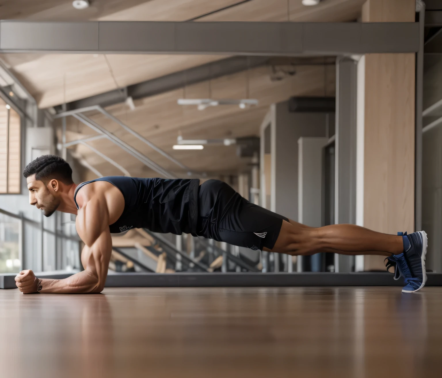 fit man doing push-ups on the wooden floor of a building, athletic muscle tone, esticar, 6 pacotes ab, calistenia masculina, trabalhando fora, obturador, meio do tiro, meio do tiro, with abdomen, em uma academia, Corpo robusto, grande, largo, forte, physicist |, fazendo uma pose elegante, em um fundo escuro