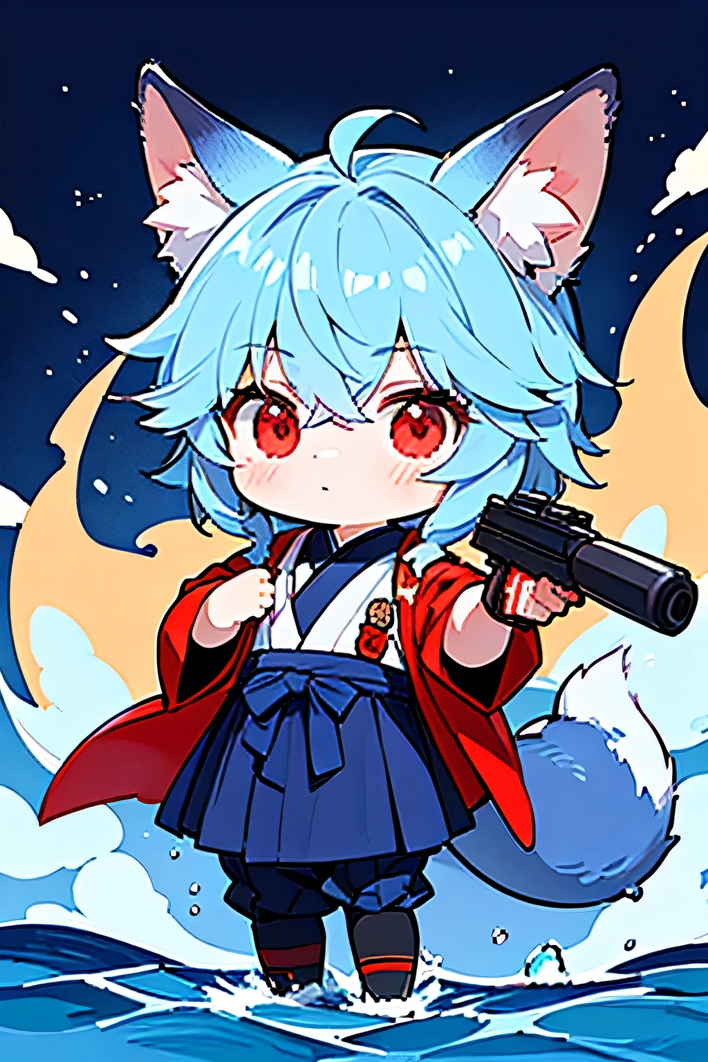 1 , chibi, Big head, Tiny, Medium blue hair, This depicts a fox disguised as a male, Wearing Japanese school uniform, There is a golden fox with red eyes in the background, twilight, deep sea, animal ears, dragon horn, cool, holding a gun, looking at the audience, masterpiece, best quality, With a big furry tail,