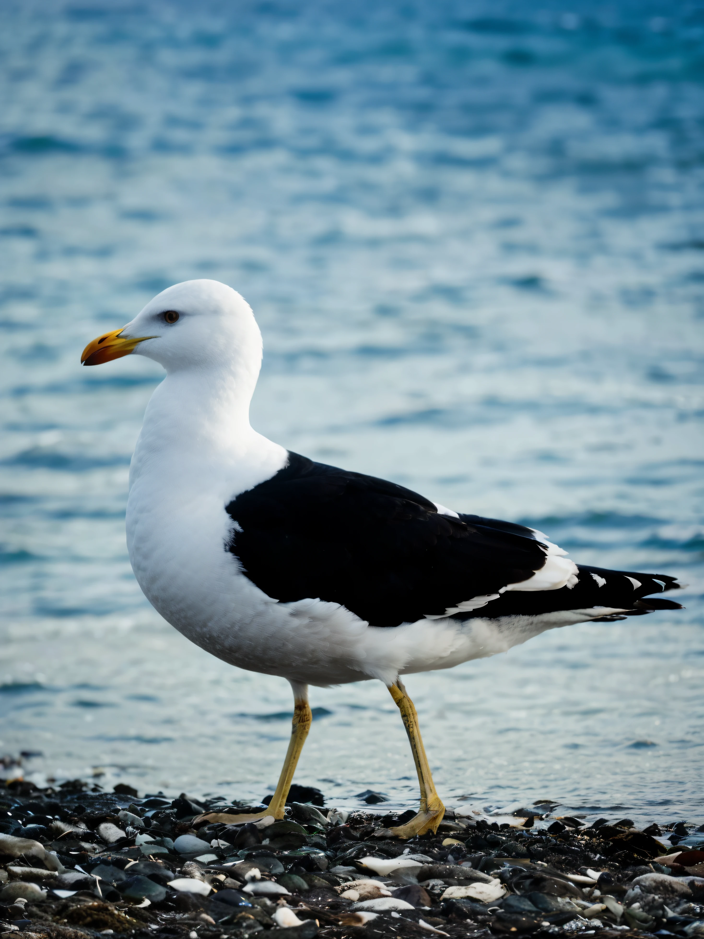 araffe standing on a rocky beach next to the ocean, seagull, rounded beak, seagull wearing luigis hat, profile shot, regal pose, proud look, portrait shot, proud looking away, high-contrast, f/3.2, high - contrast, f/5.6, posed, portrait of a big, rich contrast, looking smug
